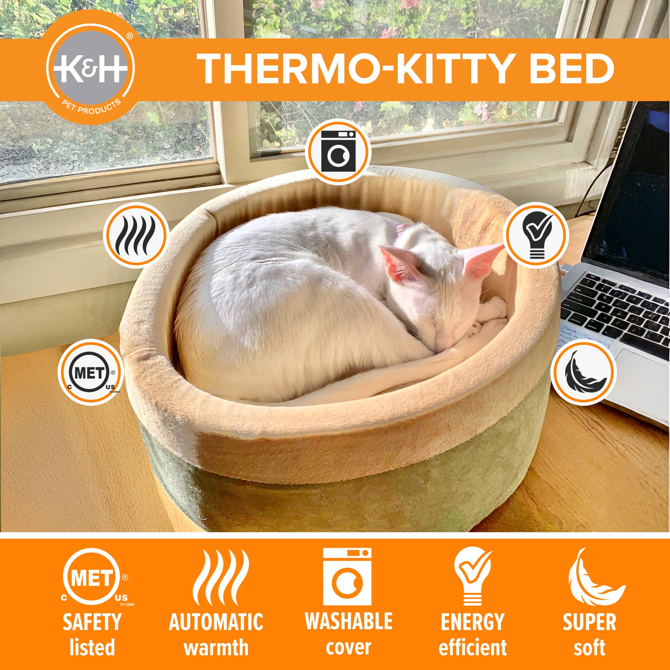 K&H Pet Products Thermo-Kitty Bed Indoor Heated Cat Bed Sage/Tan Small 16 Inches - Image 4