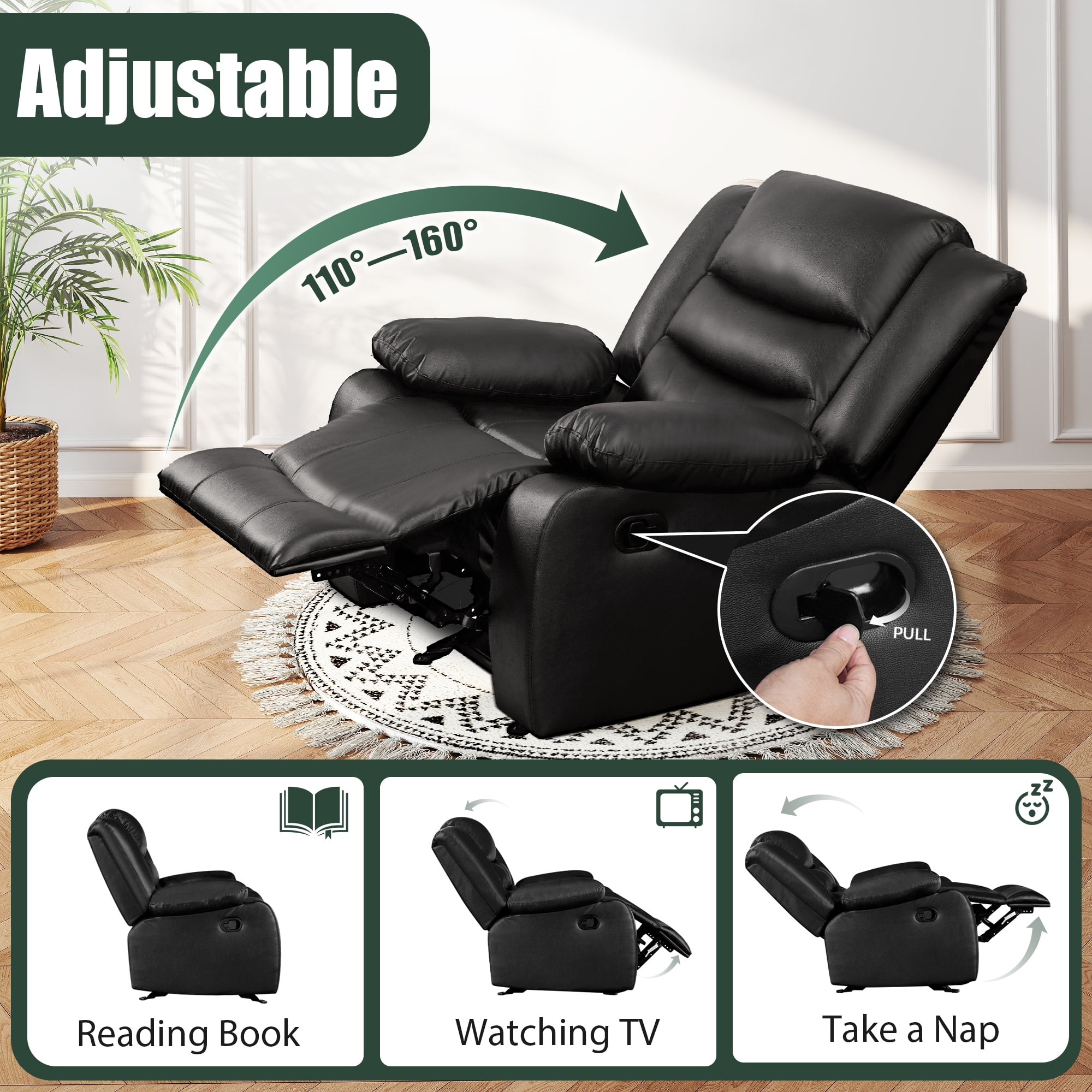 TrumanPick Manual Recliner Rocker Chair, Leather Rocker Recliner Living Room Lazy Boy Reclining Chairs for Adults Small Spaces, Black - Image 3