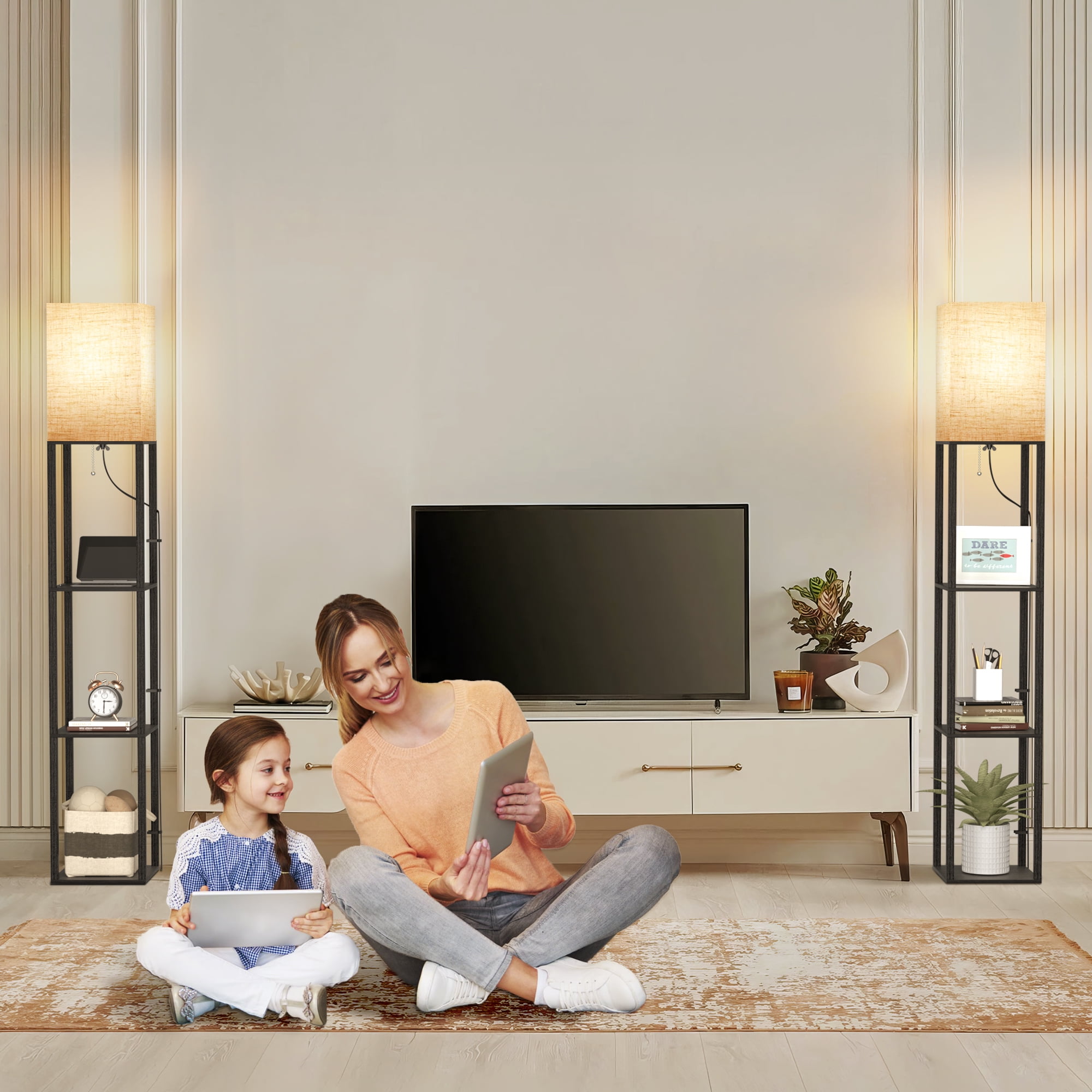 OUTON 63" Floor Lamp with Shelves, Modern Dimmable Standing Lamps with Remote Control for Living Room, Bedroom, Black - Image 9