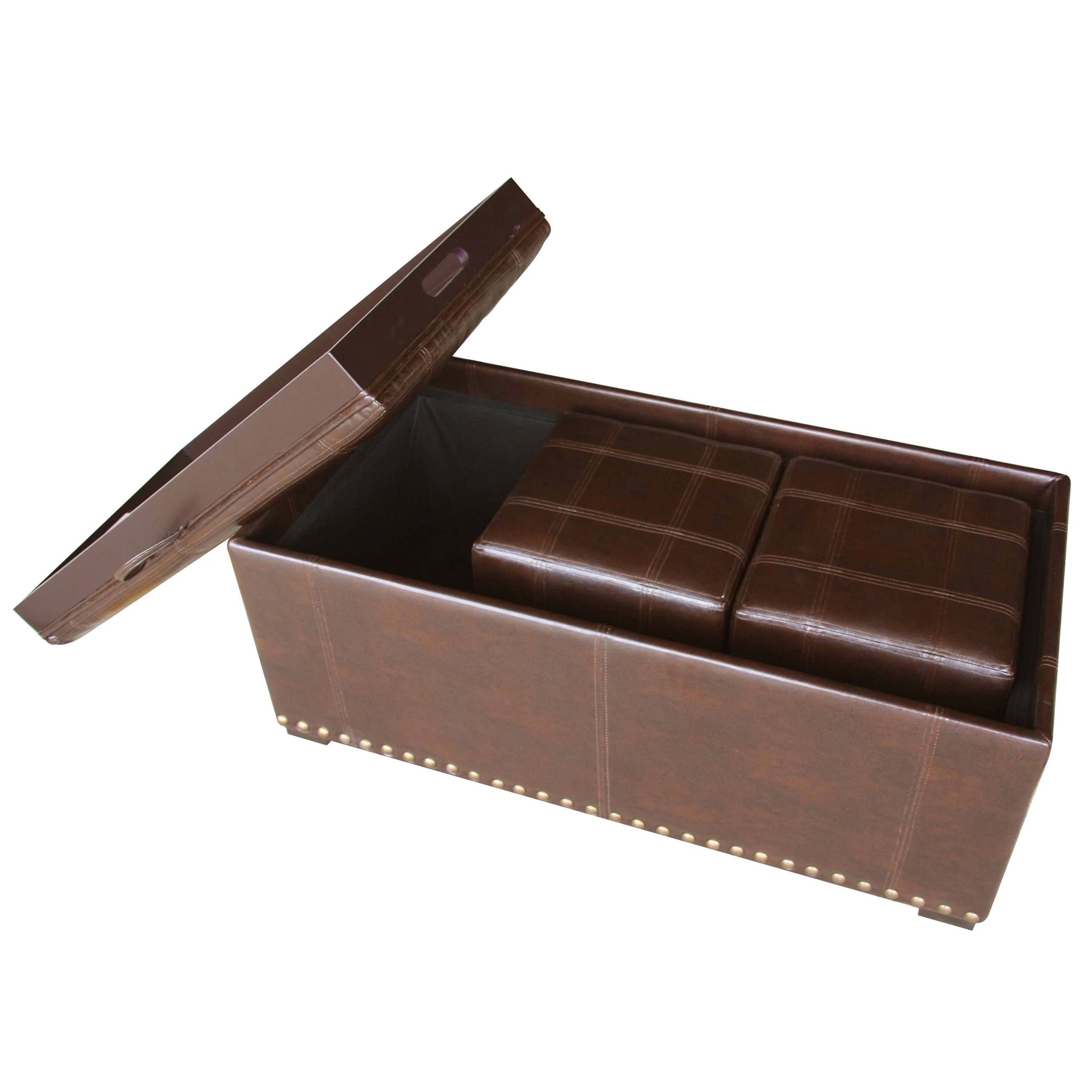 Leather Storage Bench with 2 Side Ottomans, Brown - Image 3