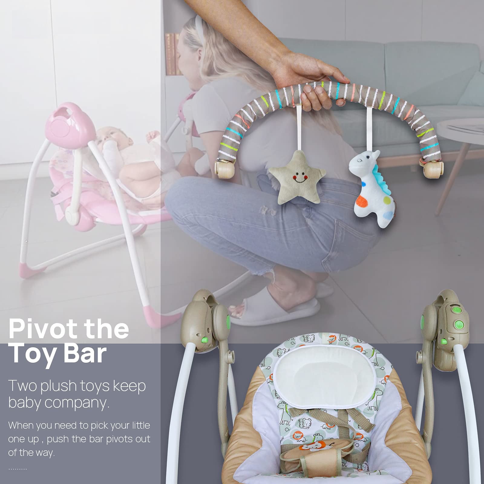 Vikua Electric Baby Swing for Infants 0-9 Months,Portable Foldable Infant Swing with 6 Speeds & Soothing Music,Baby Swing for Newborns,Khaki - Image 5