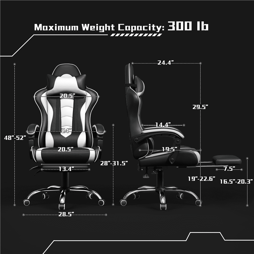 Alden Design Ergonomic Gaming Chair with Slide Out Footrest, Black/White - Image 3