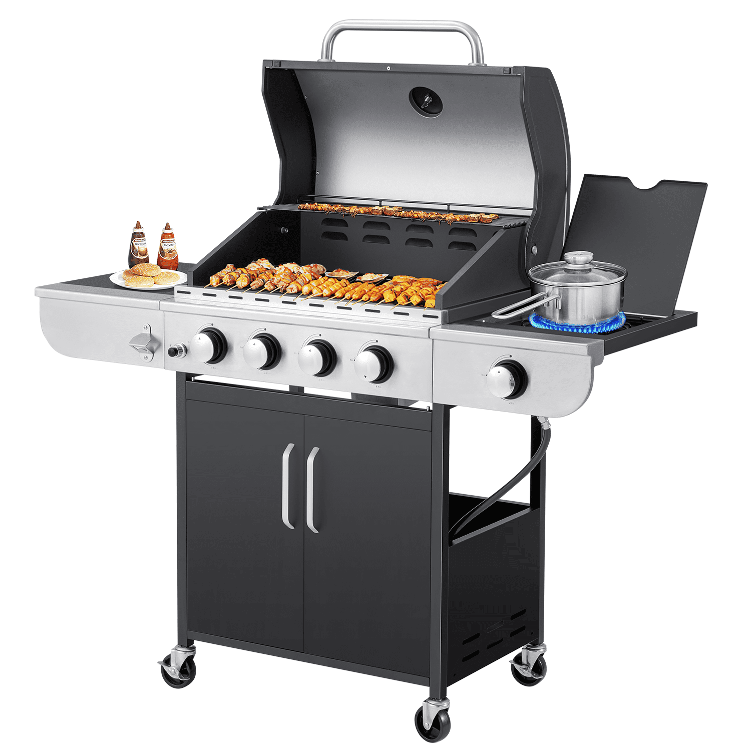 Hommow 4 Burner BBQ Propane Gas Grill,36000 BTU Stainless Steel with Stove and Side Table - Image 4
