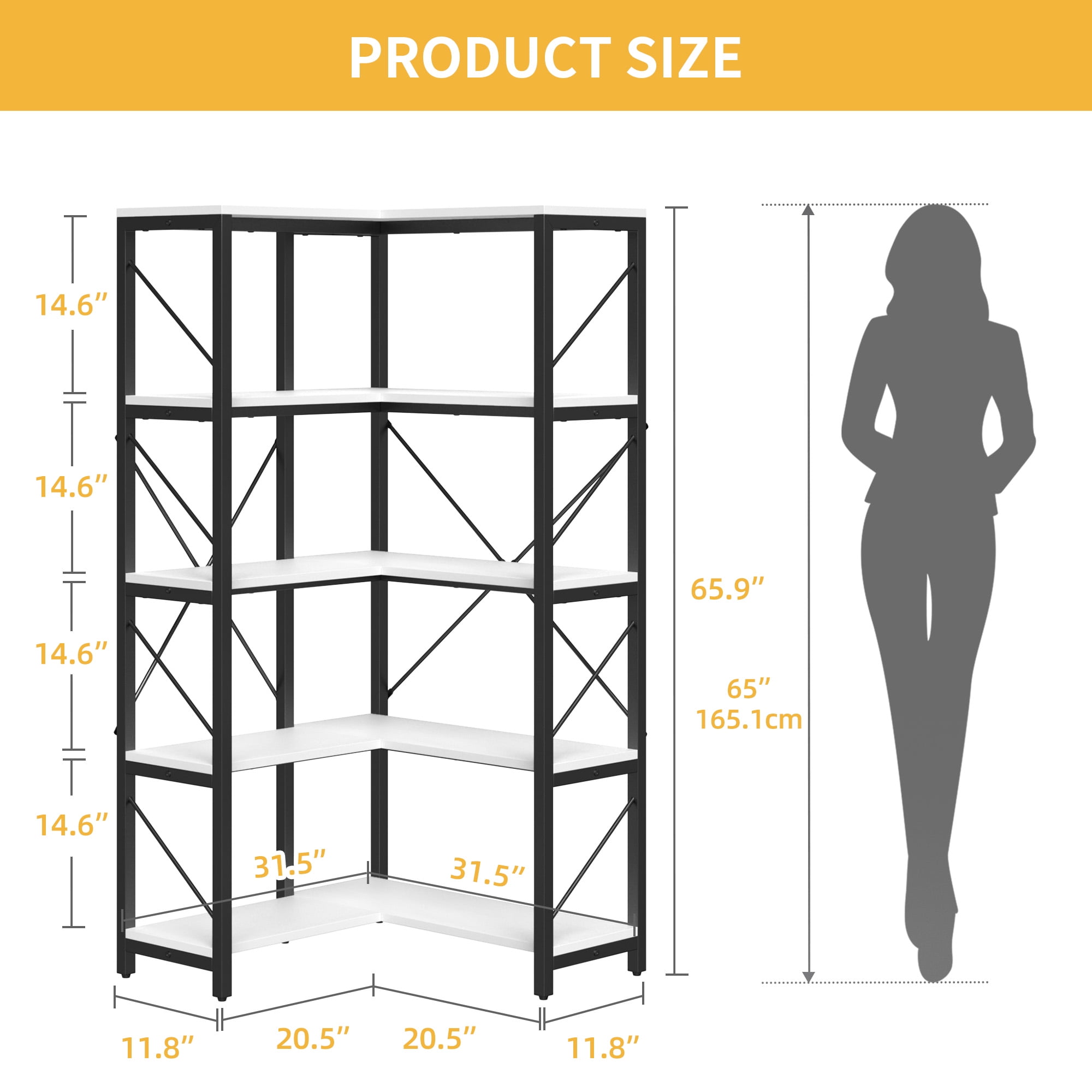 Uforic 5-Tier Corner Bookshelf, Corner Shelf Display Bookcase with Metal Frame for Home Office, White - Image 6