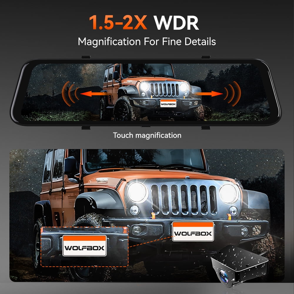 WolfBox 12" Rear View Mirror Dash Cam, 4K Mirror Dash Cam Front and 2.5K Rear Camera, Rearview Dash Camera for Car with WDR, Night Vision, Free 64GB Card & GPS - Image 2