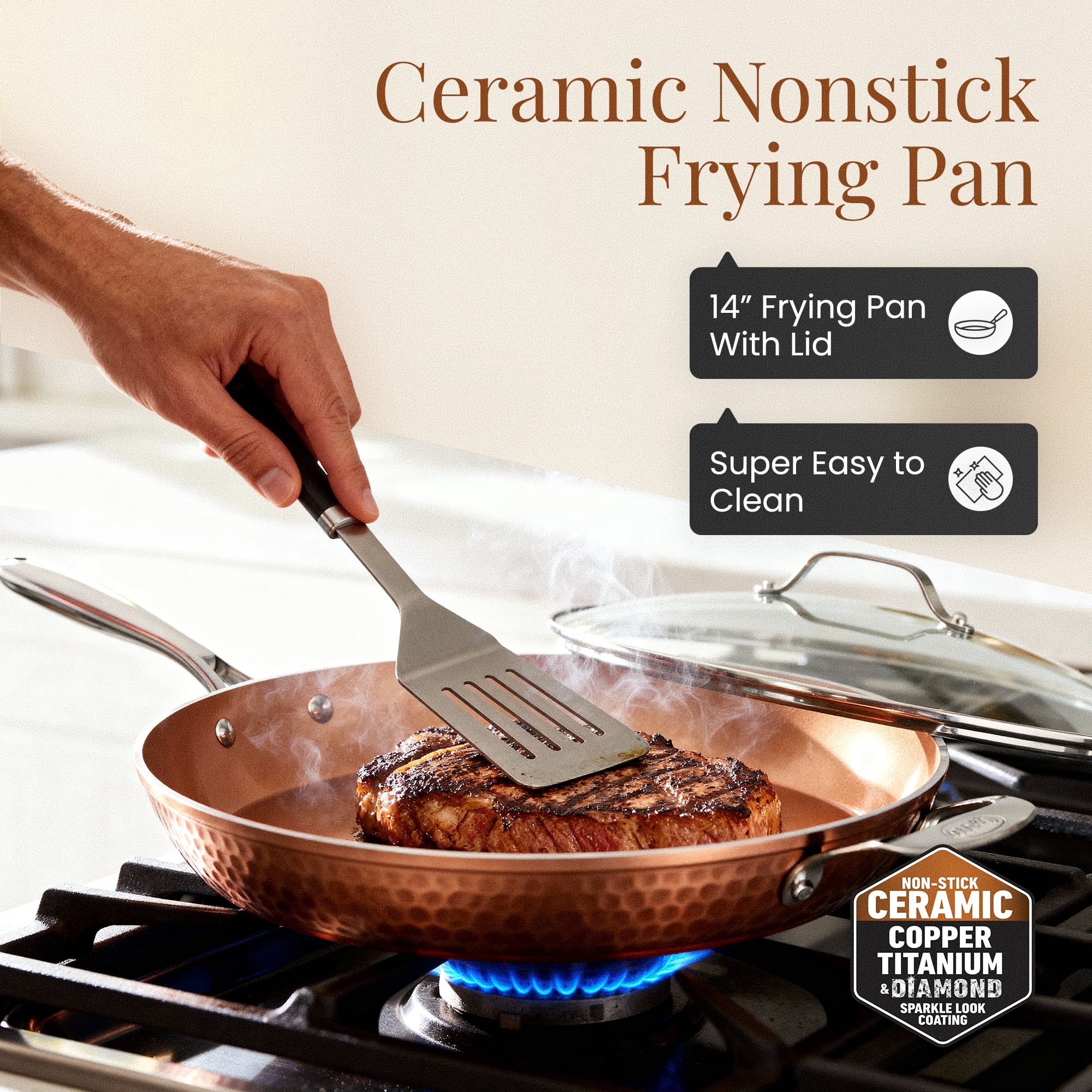 Gotham Steel 14 Inch Non Stick Frying Pans with Lid, Large Frying Pans Nonstick with Lid, Non Toxic Ceramic Pan Skillet, Nonstick Frying Pan, Induction Pan, Oven/Dishwasher Safe – Copper Hammered - Image 8