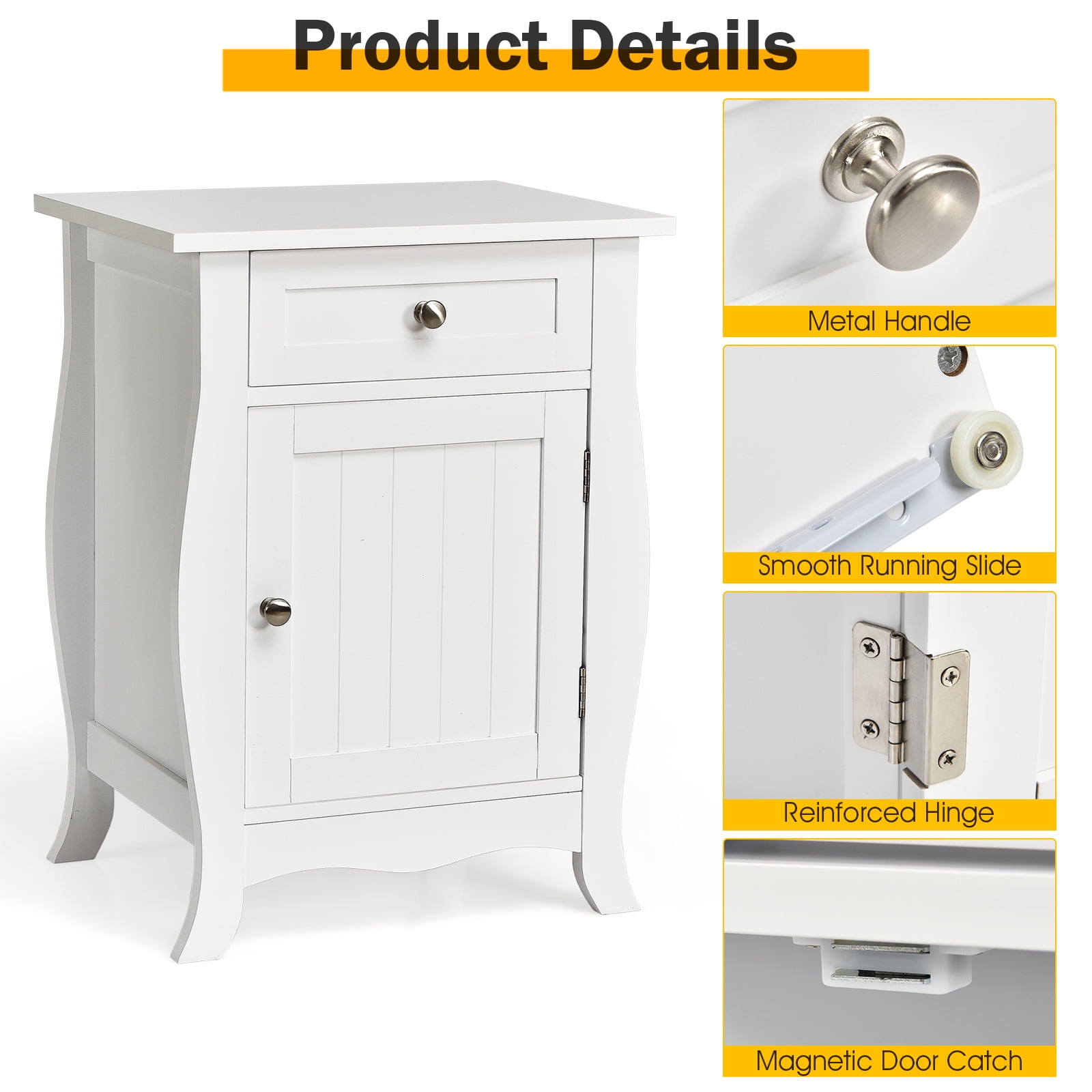 Giantex End Table Accent Storage Floor Cabinet, Wooden Nightstand with Drawer and Single-Door Cabinet, Metal Knobs, Multi-Functional Sofa Bedside Table for Living Room, Bedroom, Hallway - Image 3