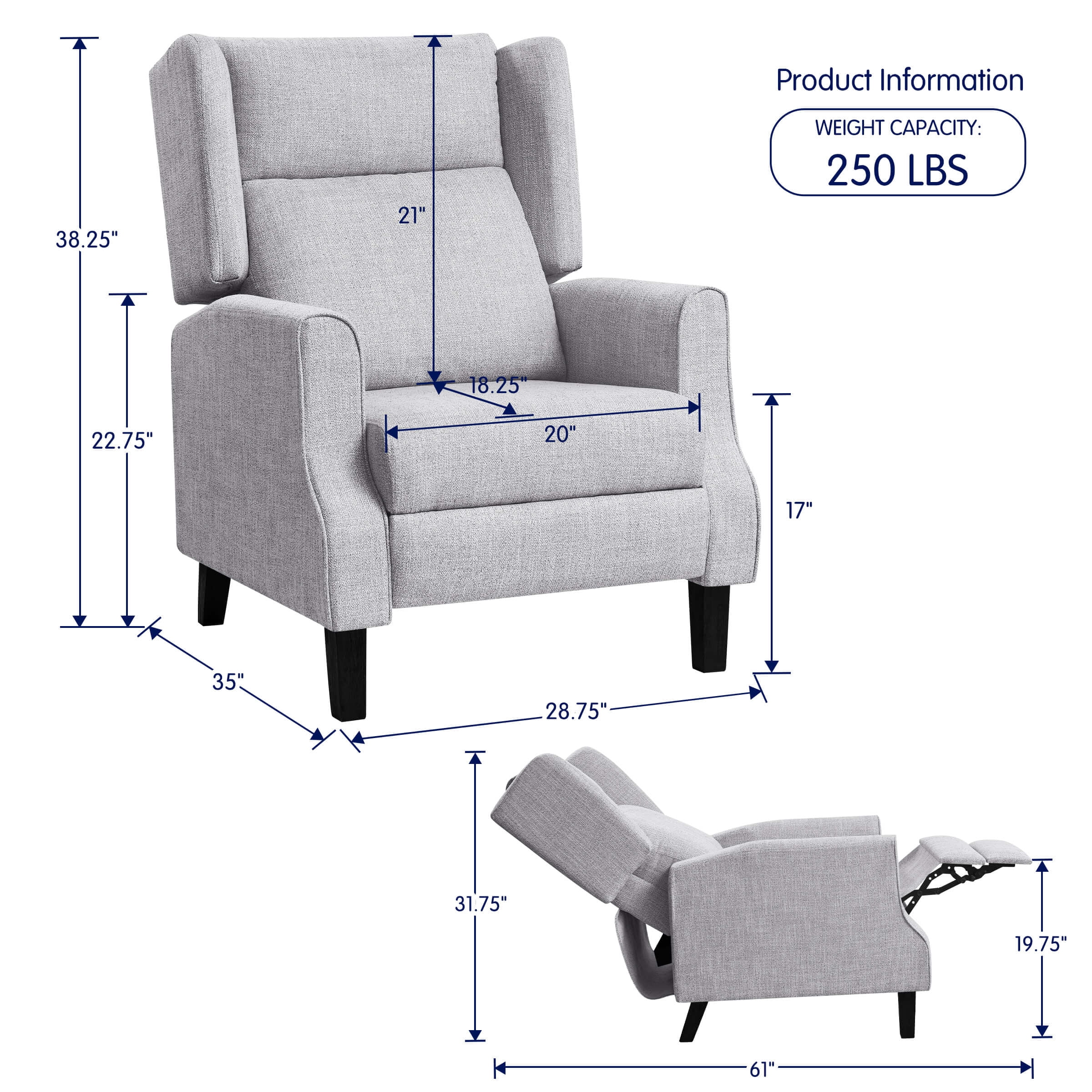 Subrtex Push Back Recliner Chair, Modern Upholstered Manual Wing Chair with Extending Footrest Linen Fabric Recliner Chair (1 PC, Gray) - Image 2