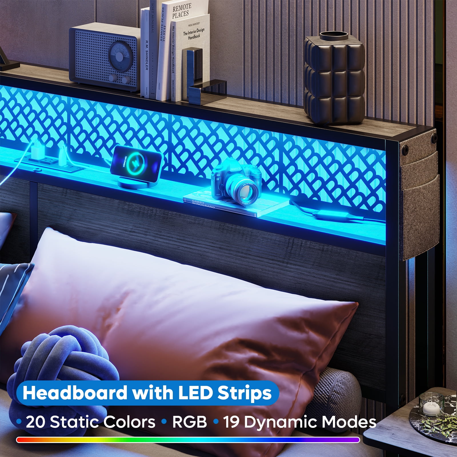 Bestier Queen Size Platform Bed Frame with Wood Foldable Bedside Shelves and LED Storage Headboard Charge Station, Gray - Image 8