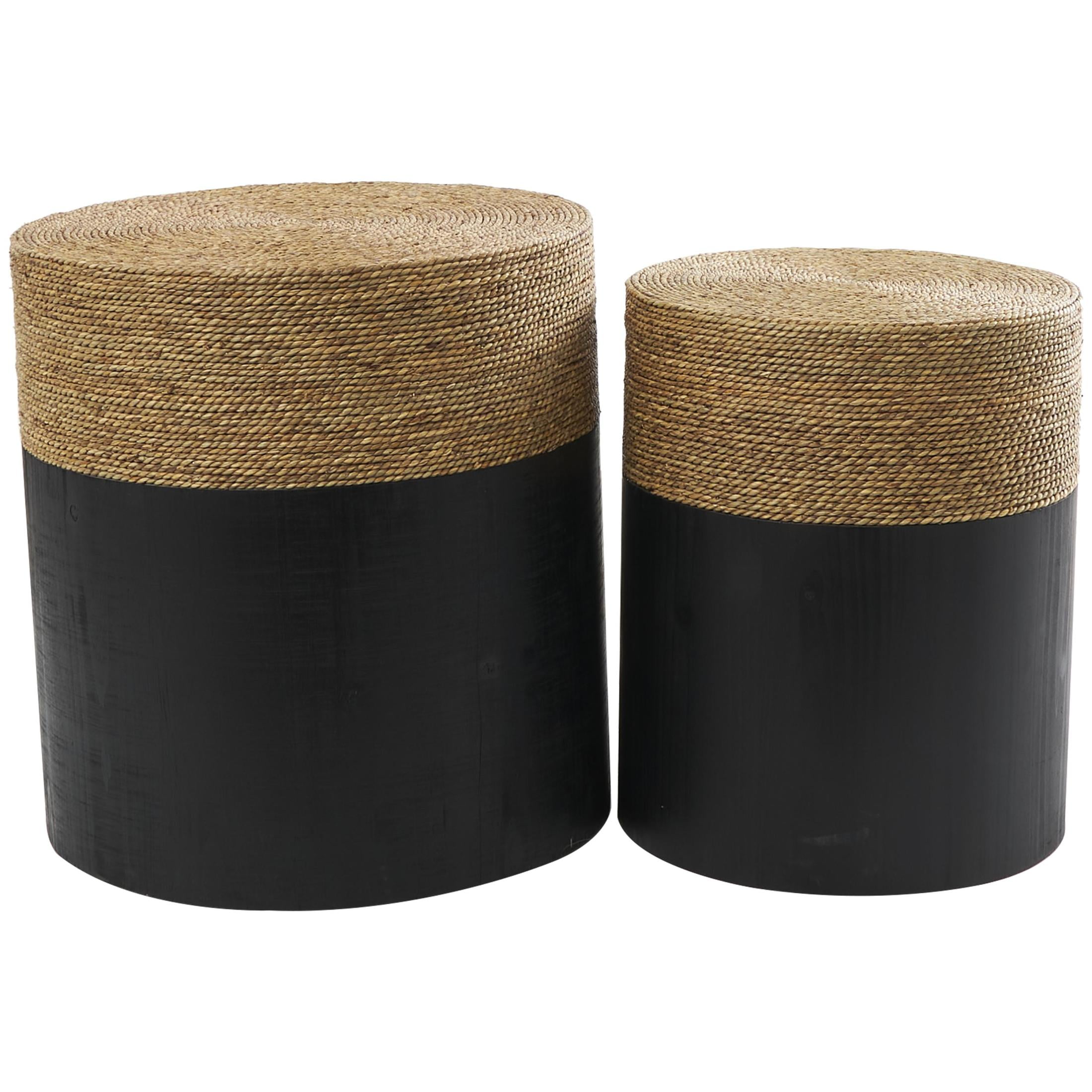 DecMode 19" x 20" Black Wood Handmade Accent Table with Brown Wrapped Seagrass Tabletops, 2-Pieces - Image 7