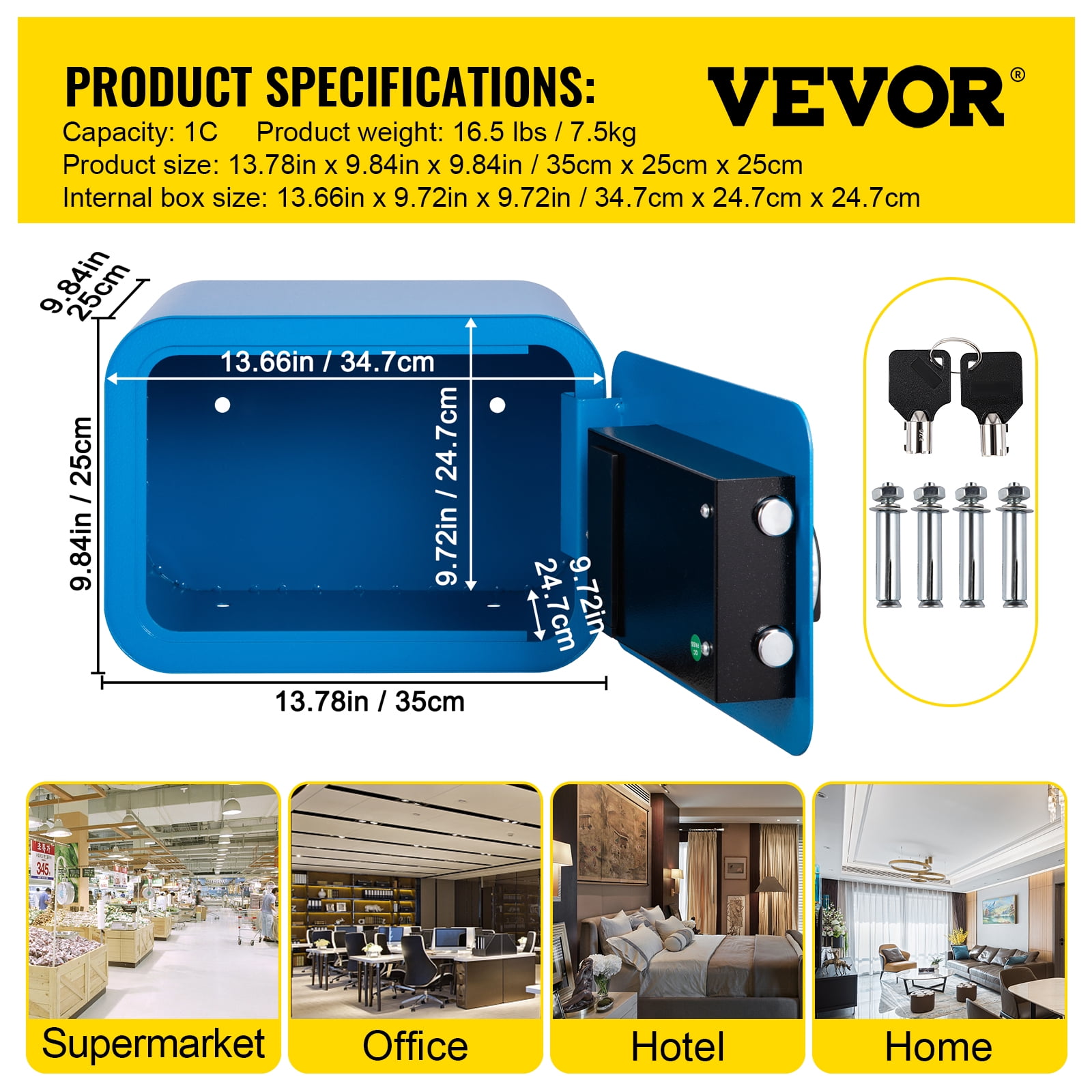 VEVORbrand Security Safe Box 1 CU.FT Money Safe with Fingerprint Lock and Key Lock, Alloy Steel Home Safes with 2 Keys, Wall-Mounted Security Safe for Cash, Jewelry, Passports, Documents, Blue - Image 3