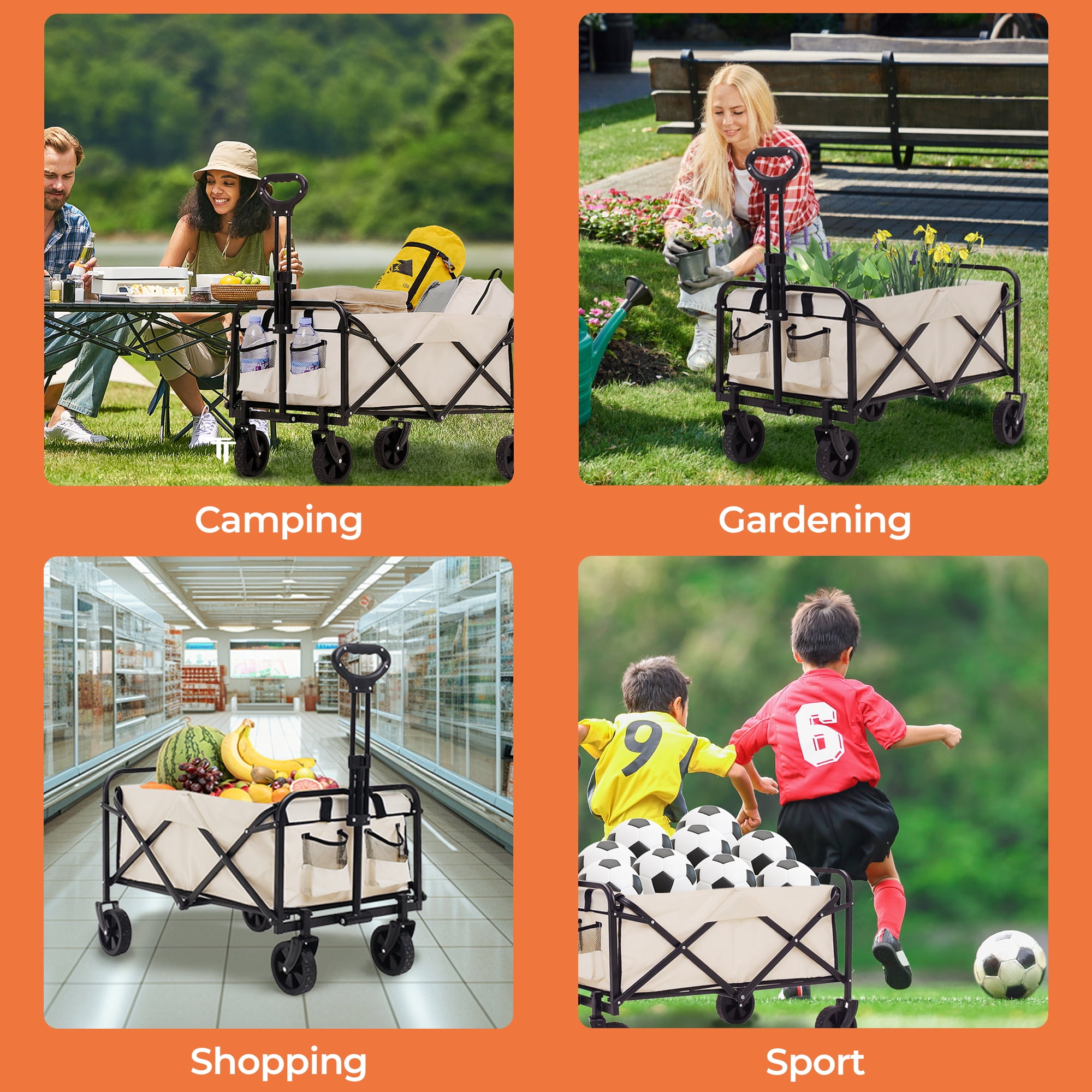 Folding Utility Wagon, Collapsible Outdoor Wagon Cart for Camping, Gardening, Picnic, Beach, Beige - Image 5