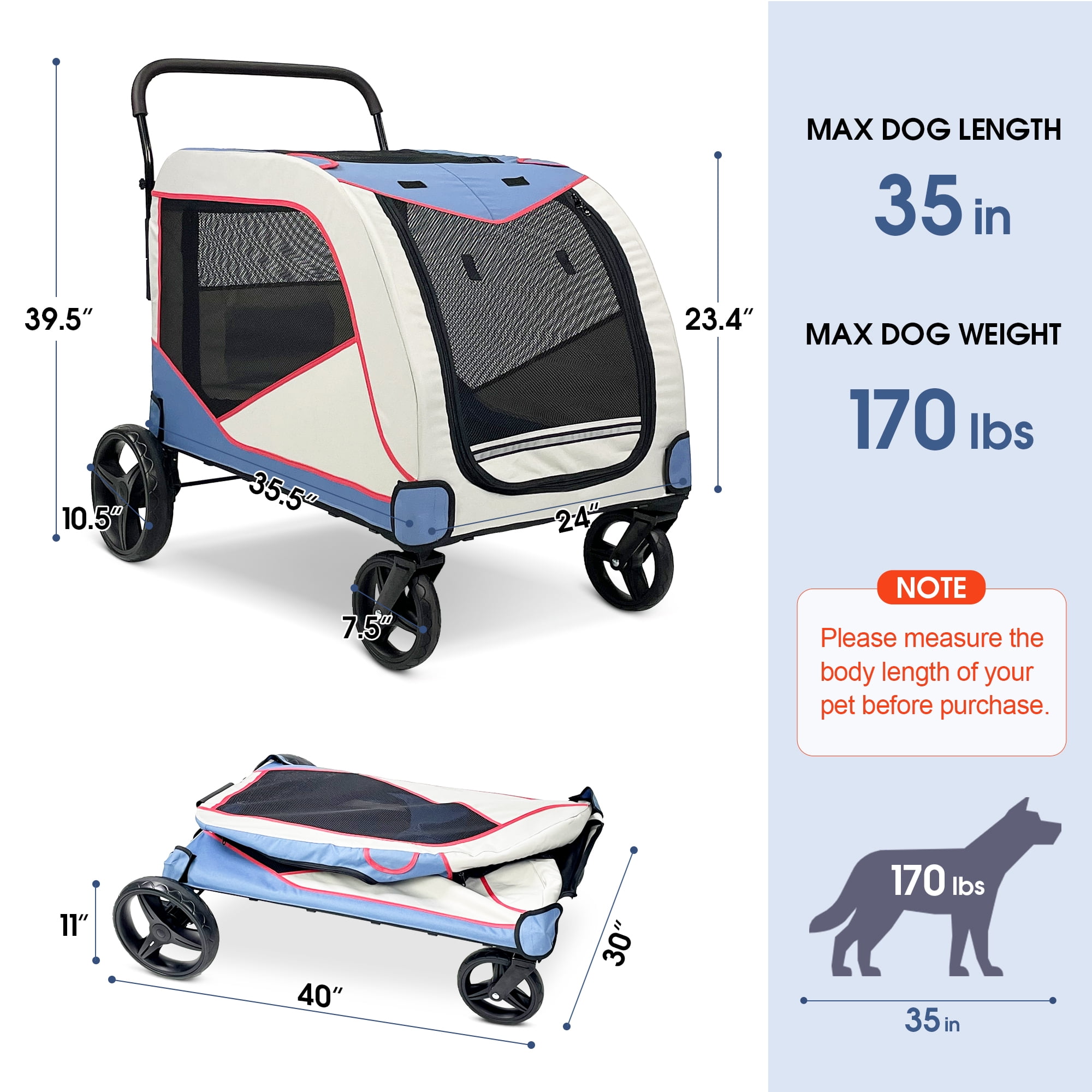 Foldable Pet Stroller for Large or 2 Dogs Cats Jogger Wagon with 4 Wheels - Image 9