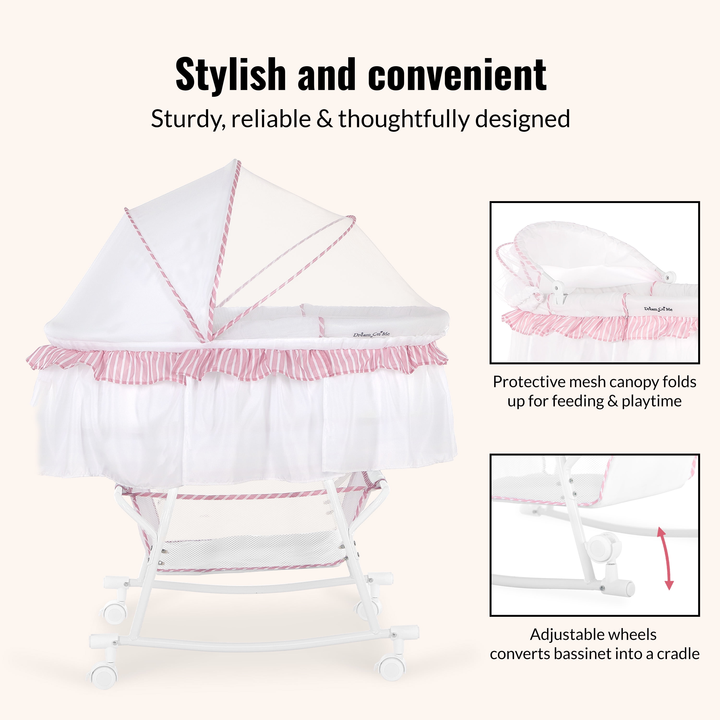 Dream On Me Lacy Portable 2-in-1 Bassinet & Cradle in Pink and White, Lightweight Baby Bassinet - Image 7