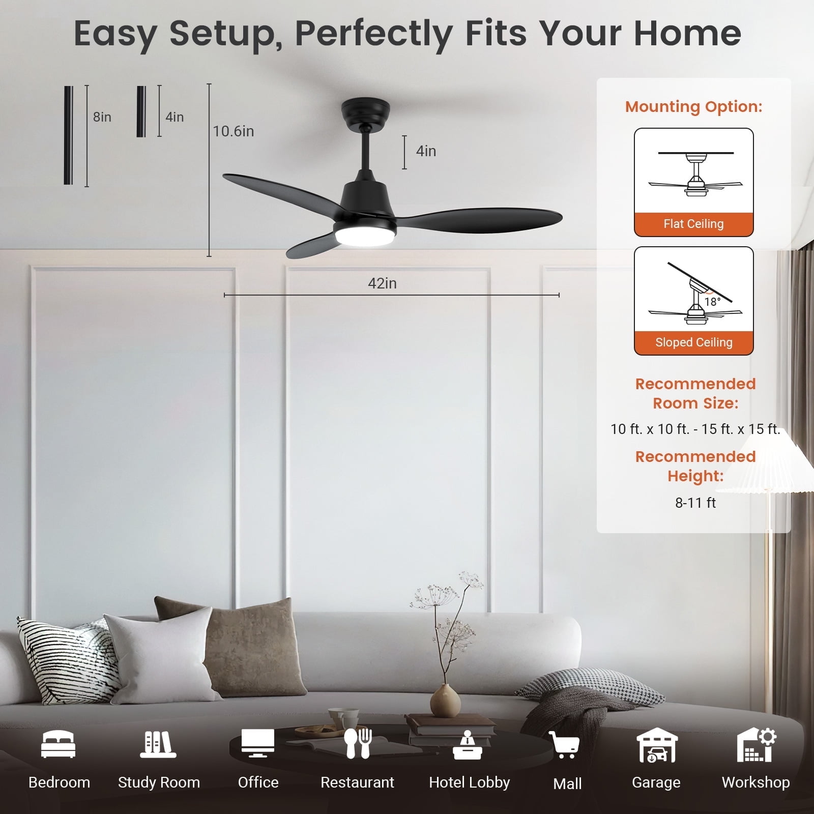 BLITZWILL Ceiling Fans with Lights and Remote & App Control,42 inch Modern Ceiling Fans,3 Reversible Blades Dimmable Noiseless, for Bedroom Kitchen Patio,Black - Image 3