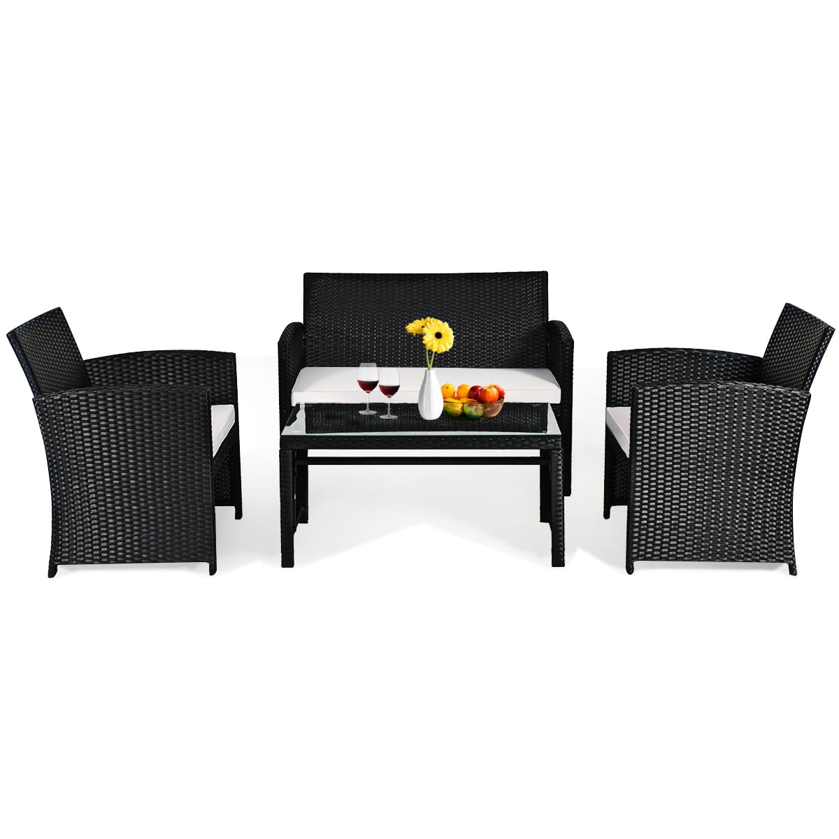 Costway 4PCS Outdoor Patio Rattan Furniture Conversation Set Cushioned Sofa Coffee Table - Image 9