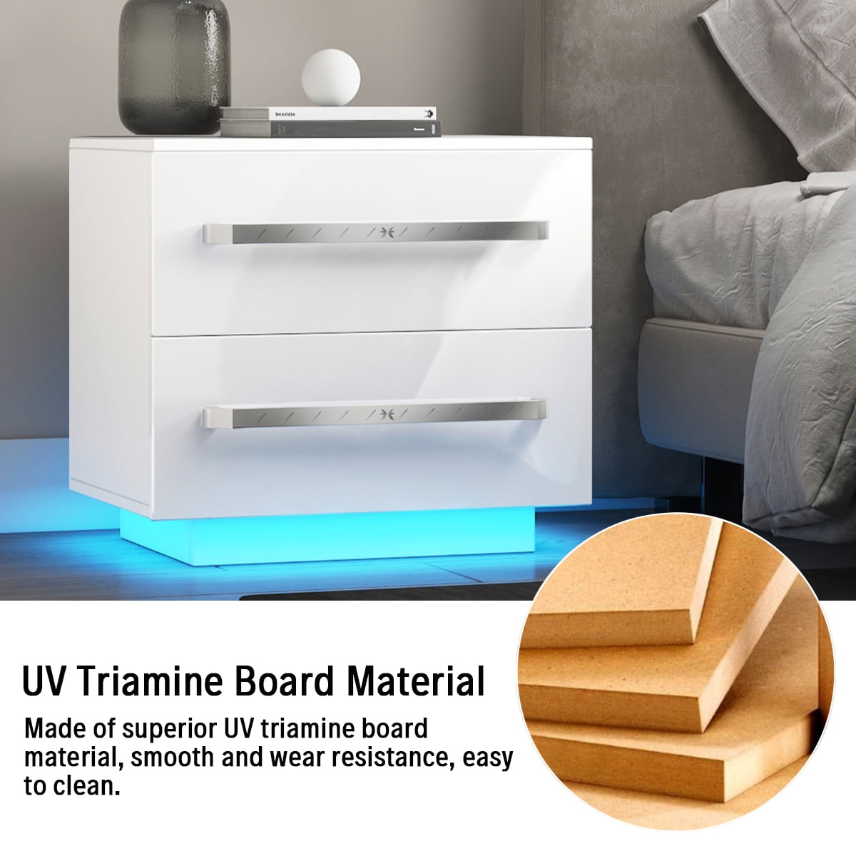 Hommpa Modern LED Nightstand with 2 Drawers High Gloss Bedside Table Led Lights White Night Stand with Handles Drawer Wooden Led End Side Table for Bedroom 19.7" Tall - Image 3