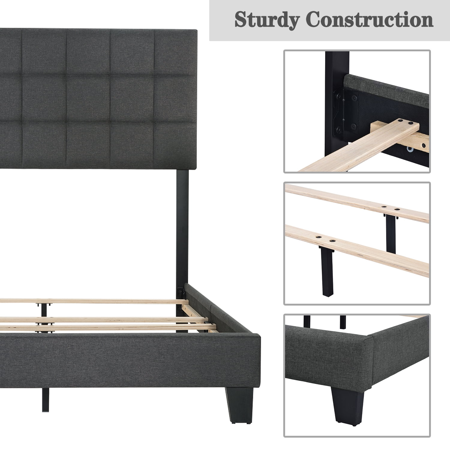 Allewie Queen Size Panel Platform Bed Frame with Adjustable High Upholstered Headboard, Grey - Image 11