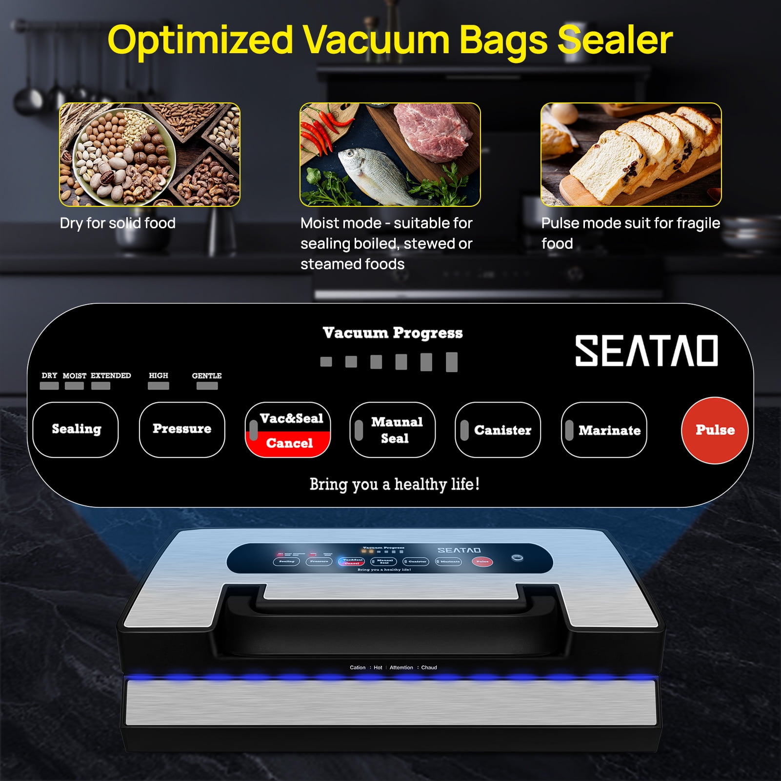 SEATAO VH5188 Vacuum Sealer, 90kPa Multifunctional Food Vacuum Sealer, Dry , Wet , Food Three Modes - Image 6