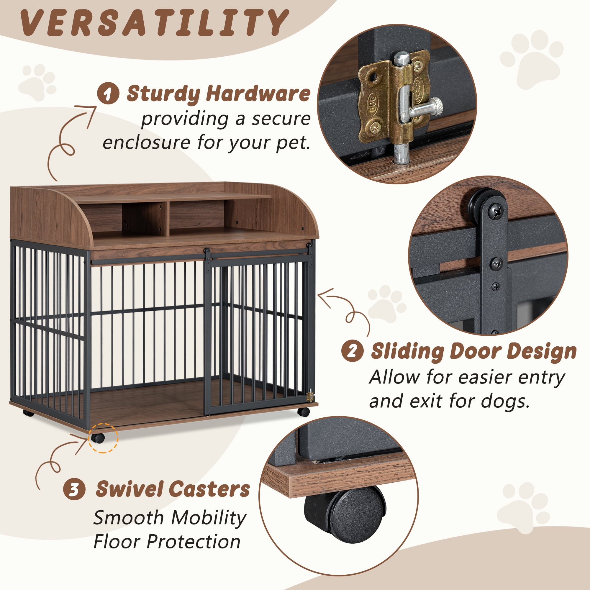 EUROCO 44" Heavy Duty Dog Crate,Wooden Dog Crate End Table with 4 Lockable Wheels,Sliding Barn Door and 2 Open Shelves,Furniture Style Large Dog Kennel Indoor for Large/Medium Dog,Brown - Image 2