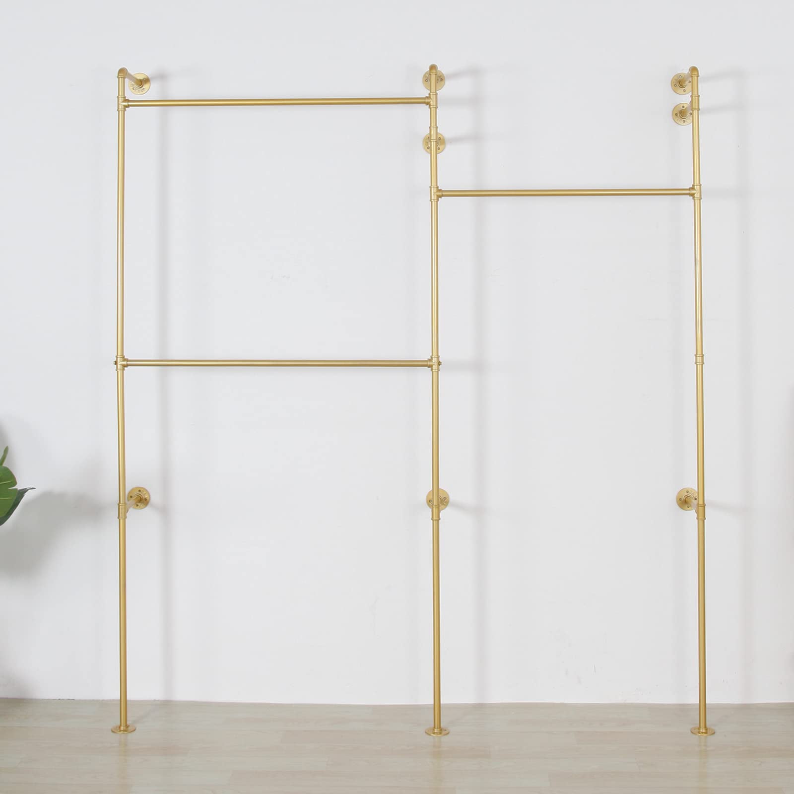 SSS Furniture Modern Simple Industrial Pipe Double Hanging Rods Clothing Rack, Clothes Rack Wall Mounted Heavy Duty Hanging Clothes Rack, Detachable Garment Bar 93.3X82.7inch (Gold) - Image 5