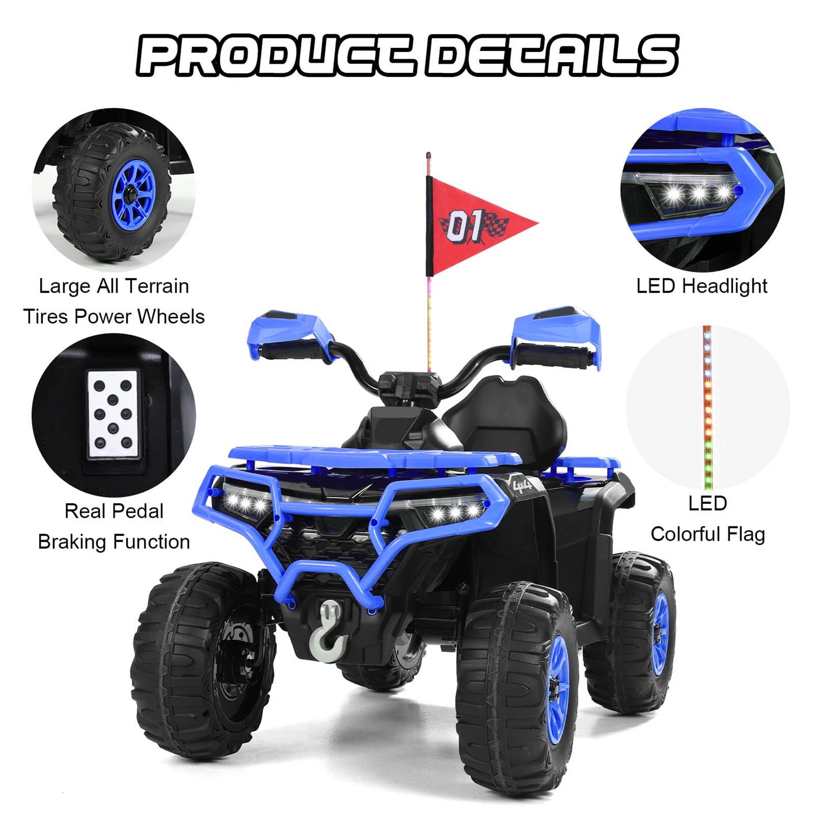 Kids ATV 4 Wheeler, 24V Ride on Toys with 2 Seater, Electric Car w/ Bluetooth/MP3 ,and Flag,Blue - Image 6