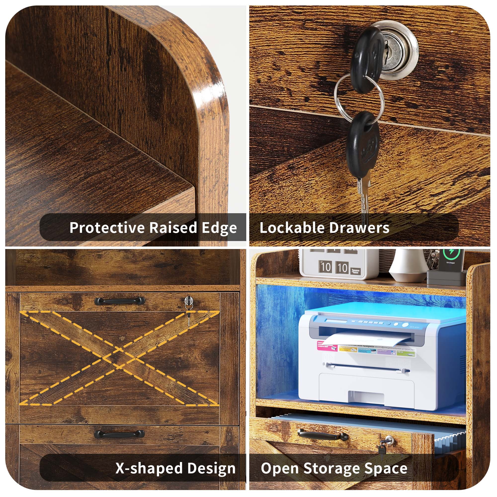 Uforic 2 Drawer File Cabinet with LED Light & Lock, Wood Filing Cabinet Charging Station Printer Stand with Open Shelf for A4, Letter, Legal Size Files for Home Office, Brown - Image 2