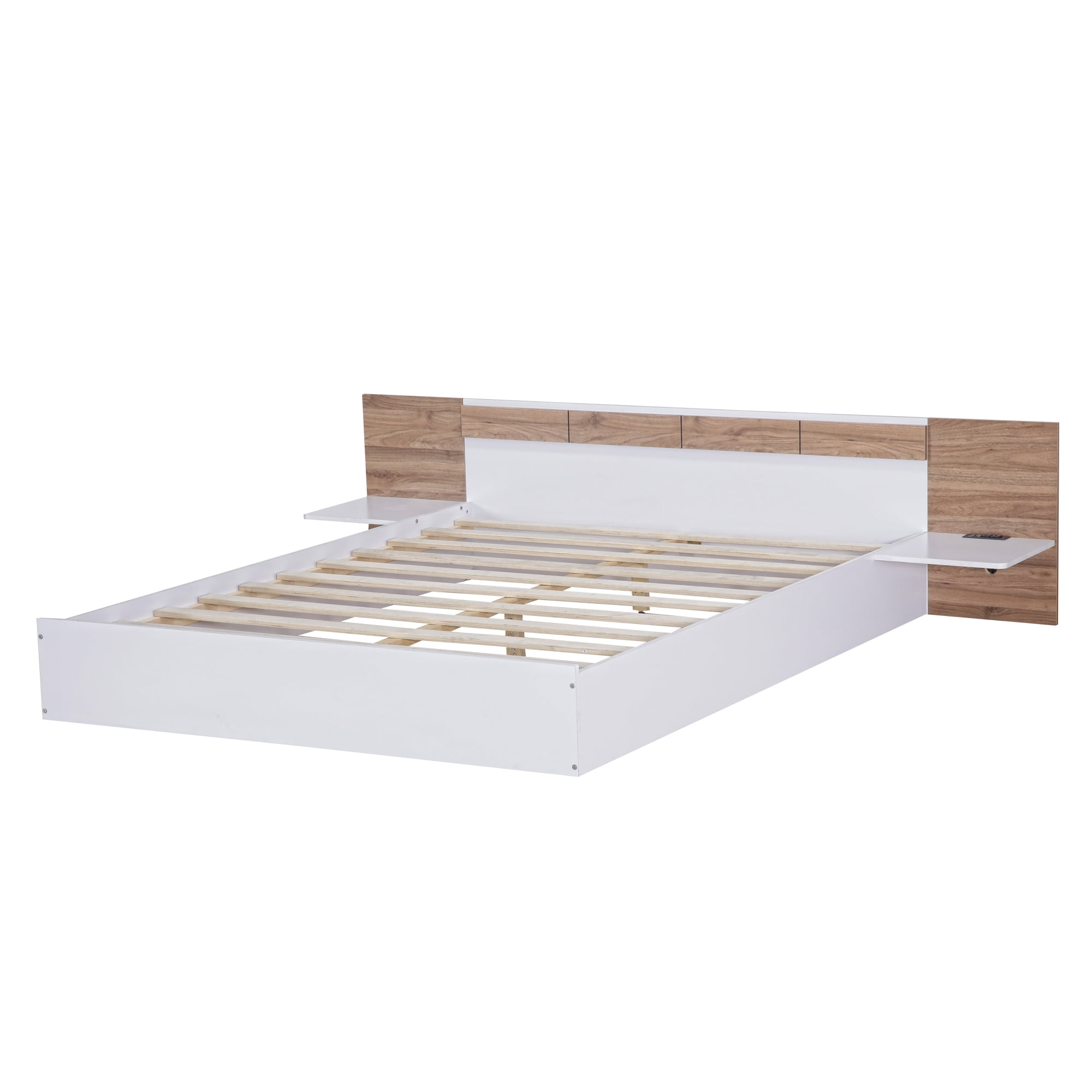 Euroco Wood Queen Size Platform Bed with Shelf and Charging Station for Adults, Beige - Image 6