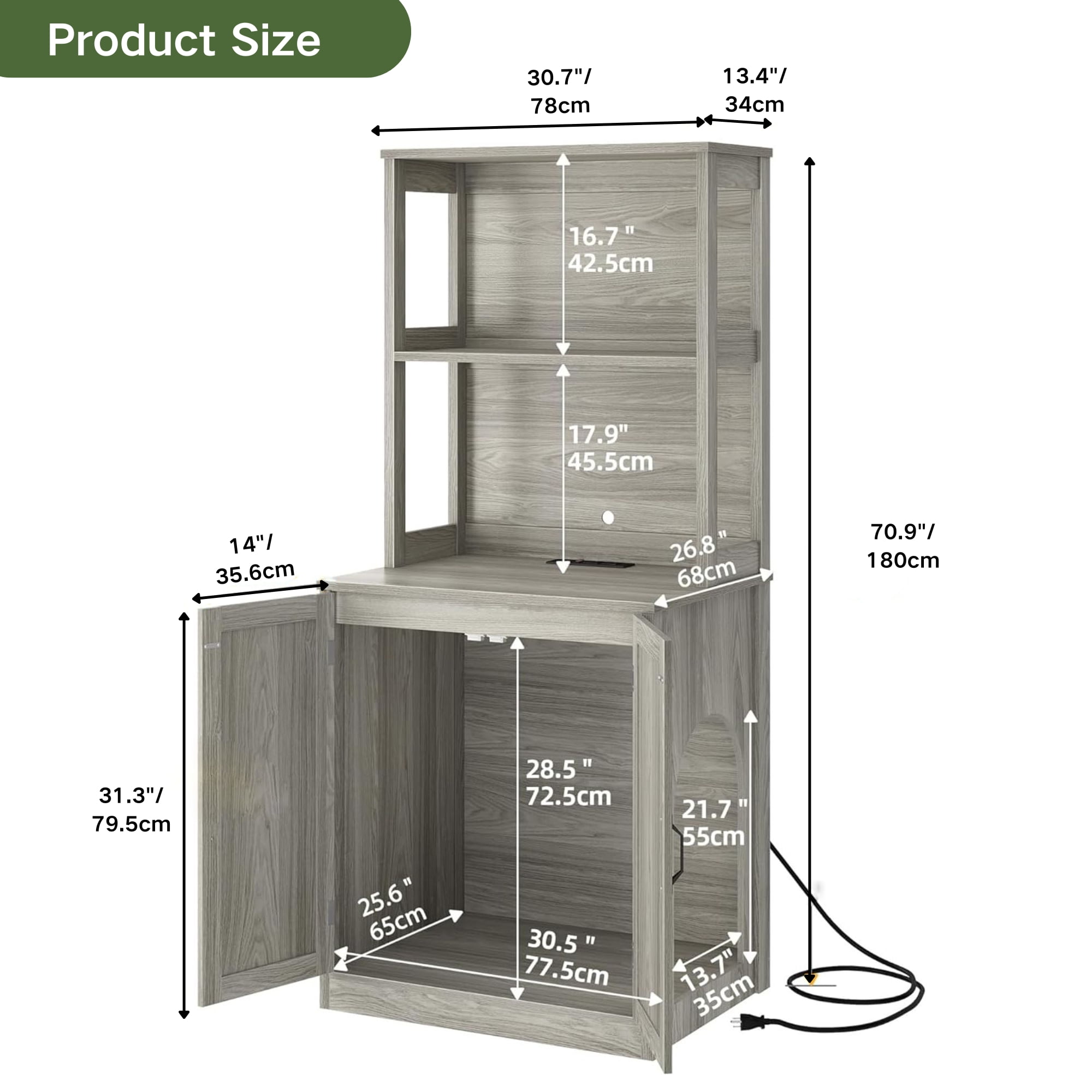 Uforic Litter Box Cabinet Furniture with Charging Station, Cat Enclosure with Shelves - Gray - Image 4