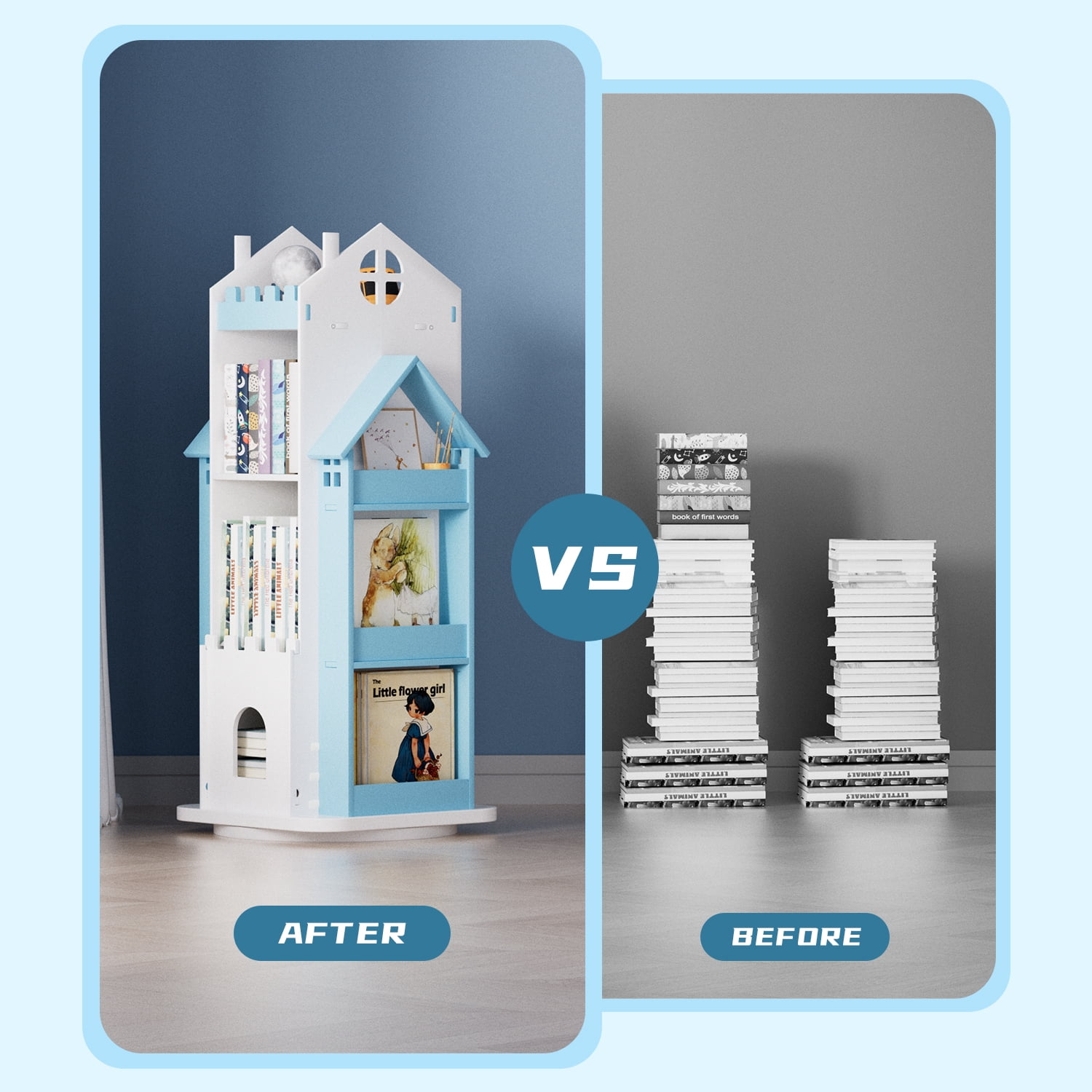 ymokee 3 Tier Rotating Bookshelf, 360° Display Rotating Bookcase, Corner Storage Rack Standing Revolving Bookcase, Swivel Bookshelf Display Rack in Bedroom Office Livingroom, Blue - Image 8