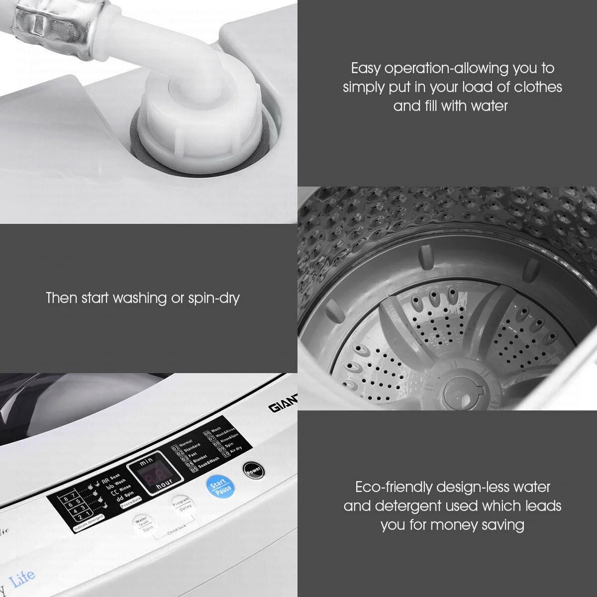 Portable Compact Washing Machine 1.28 Cu.ft Spin Washer Drain Pump 8 Water Level - Image 6