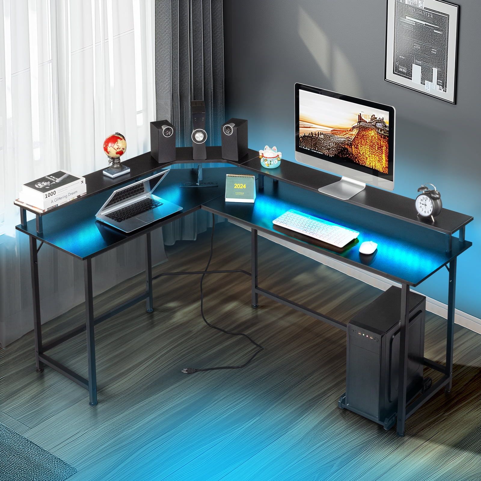 Ktaxon L-Shaped Gaming Desk with USB Wireless Charging, 55" Computer Desk with Monitor Stand, Corner Writing Desk with LED Light, Black - Image 7