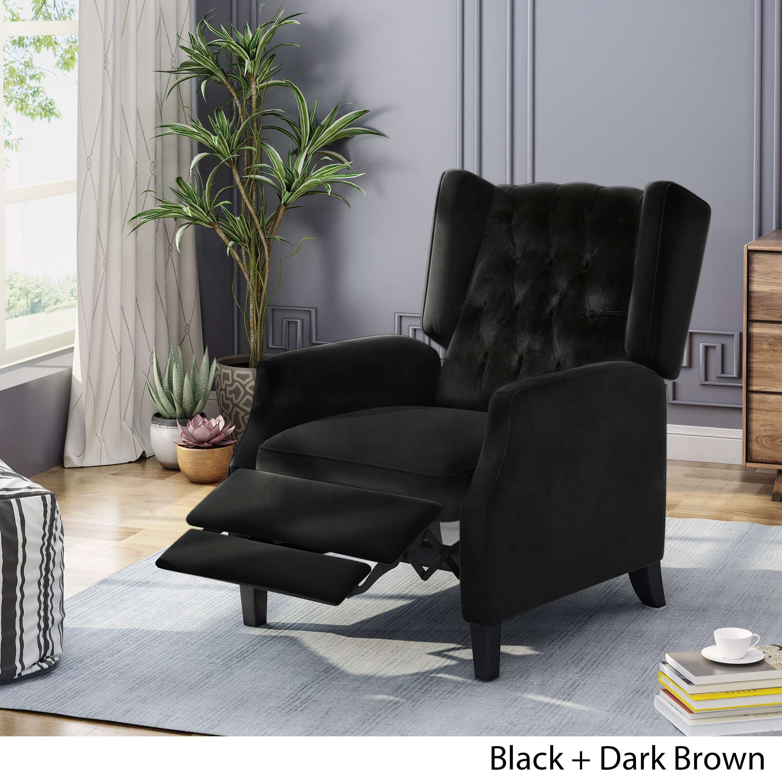 Noble House Zakyiah Standard Velvet Wingback Recliner, Black - Image 12
