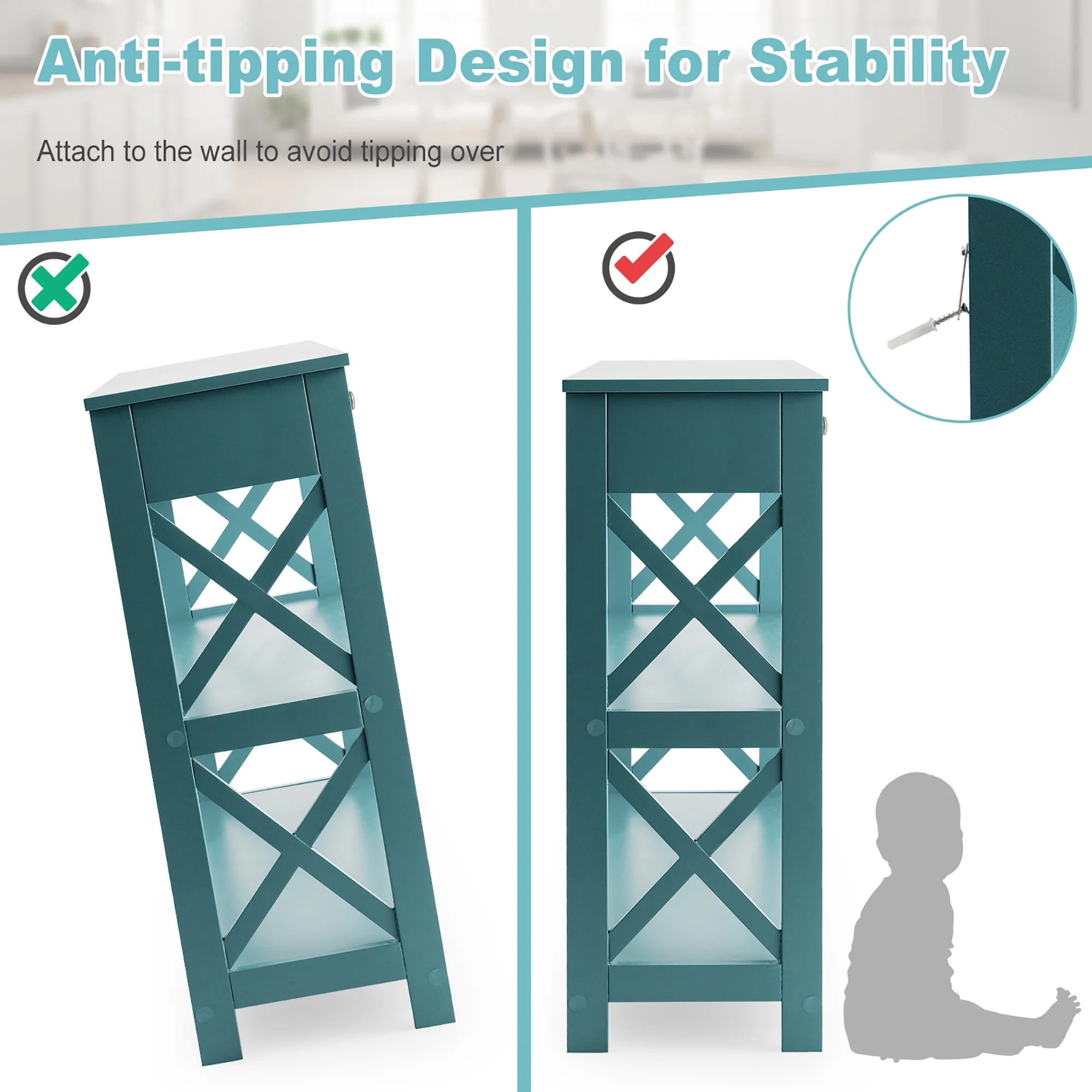 Costway 3-Tier Console Table X-Design Sofa Entryway Table with Drawer & Shelves Turquoise - Image 5