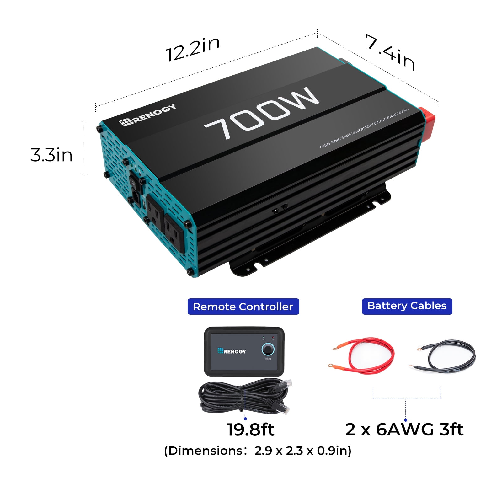 Renogy 700W 12V Pure Sine Wave Inverter, Power Inverter DC 12V to AC 120V, High-Efficiency, Remote Control - Image 7