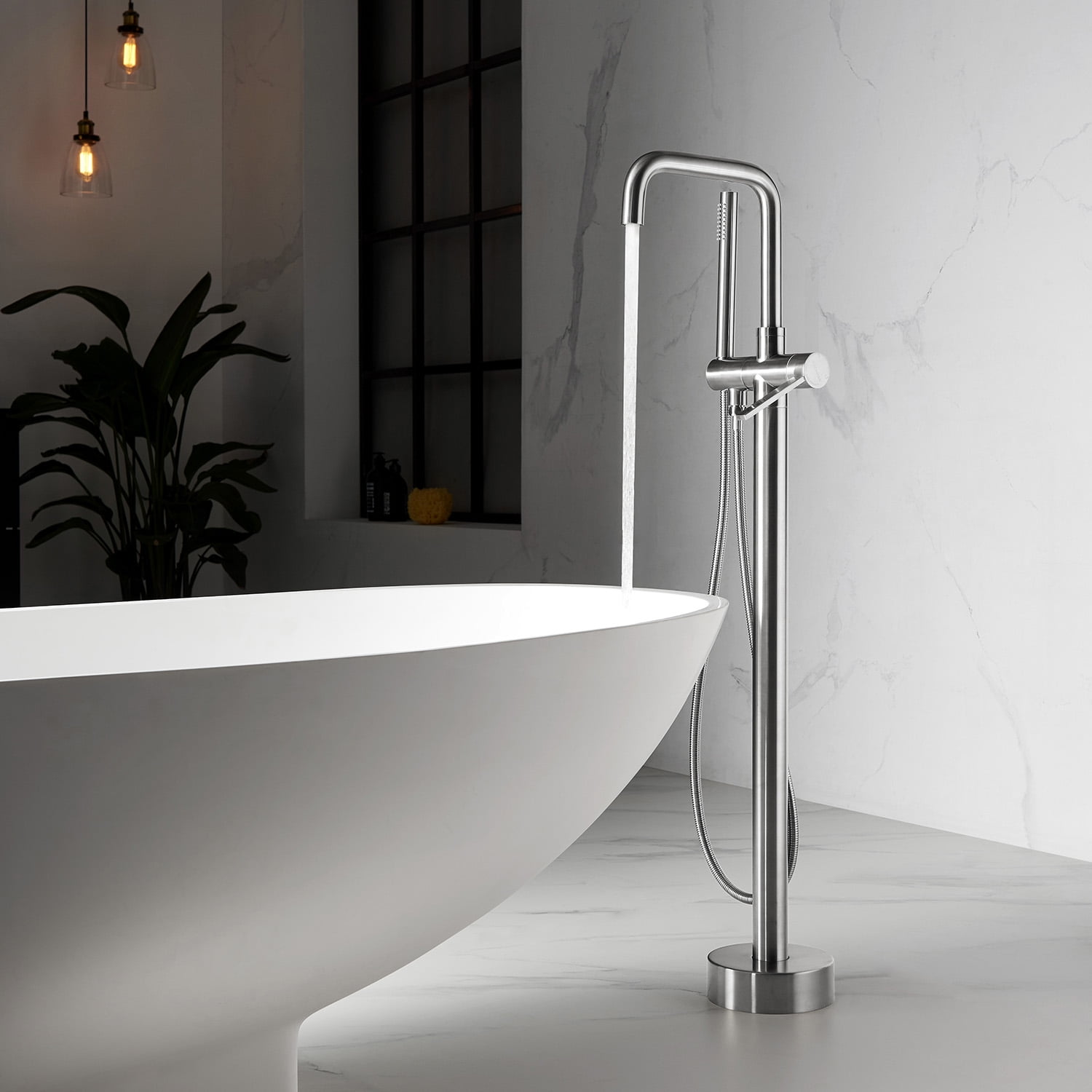 Vinnova Delara Freestanding Bathroom Chrome Tub Faucet with Hand Shower in Satin Nickel - Image 3