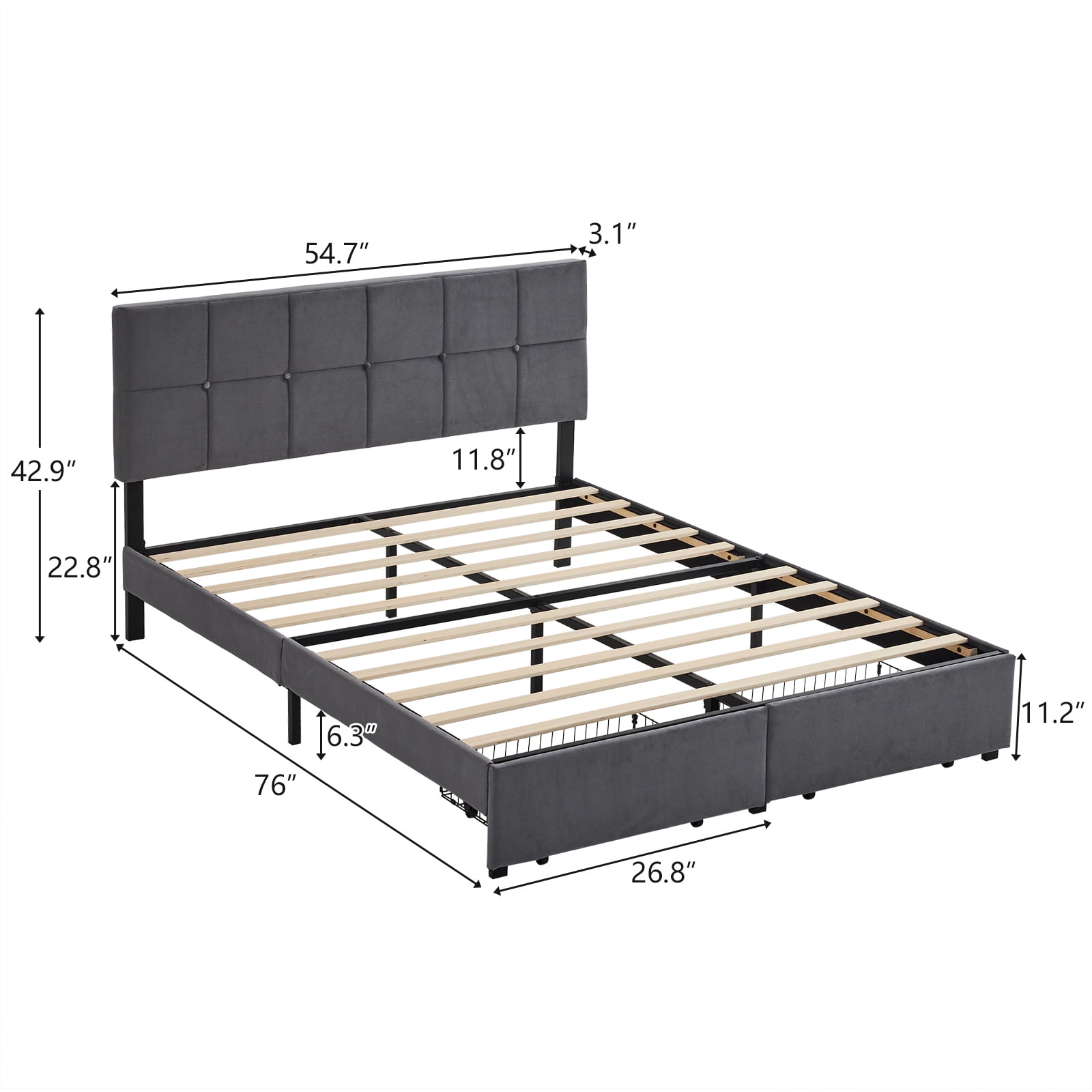 Zimtown Full Size Platform Bed Frame with 2 Drawers, Fabric Upholstered Headboard, No Box Spring Needed, Gray - Image 6