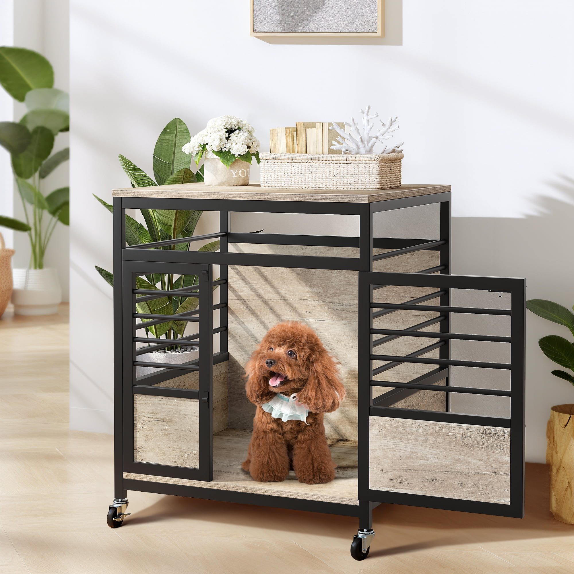 Dextrus 23.6" Dog Crate Furniture Wooden Dog House with Wheels, Dog Kennel Indoor for Small Medium Dogs - Brown & Black - Image 8
