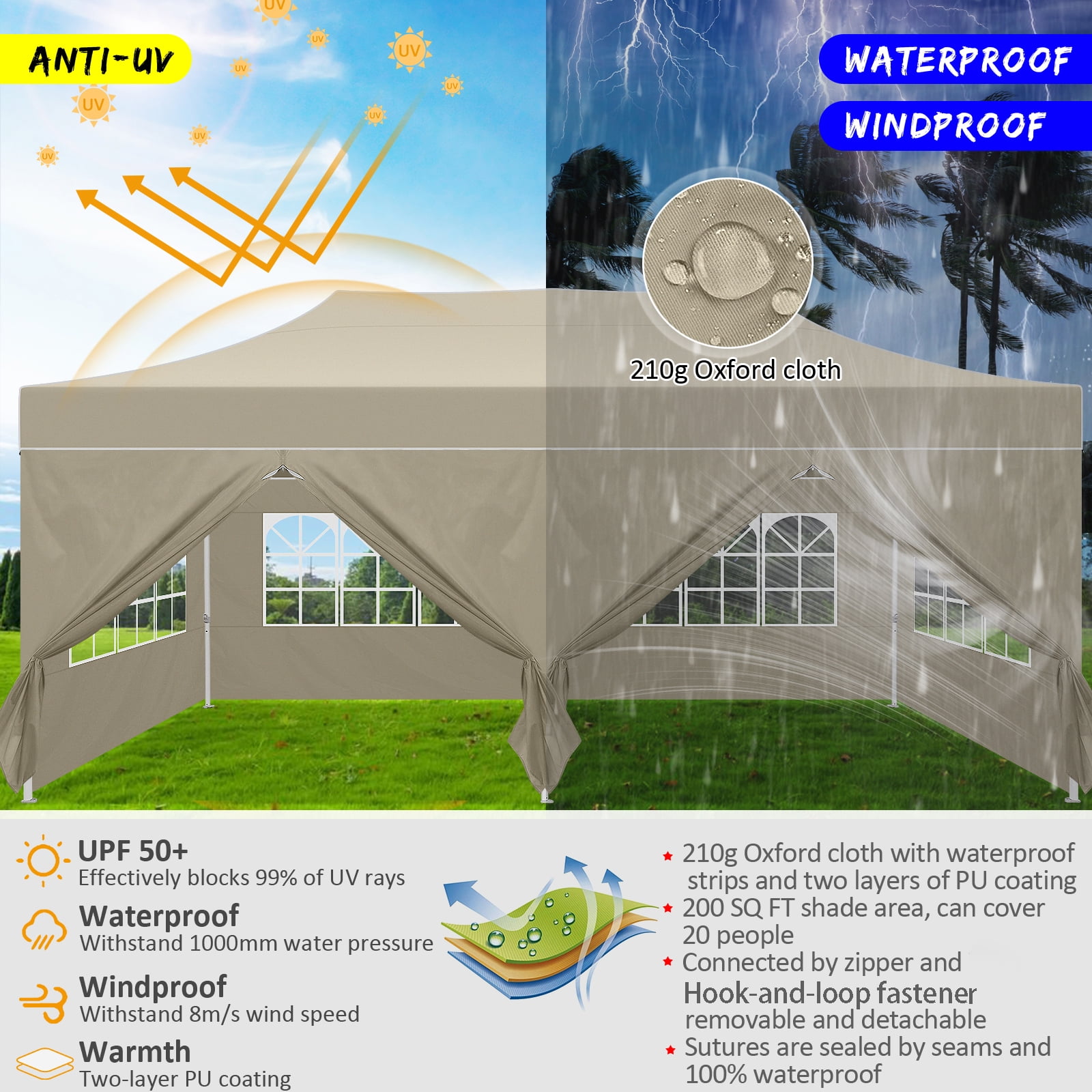 HOTEEL 10x20 Heavy Duty Canopy Tent with 6 Sidewalls,Pop up Commercial Tents,Outdoor Party Tents with Roller Bag,Khaki - Image 3