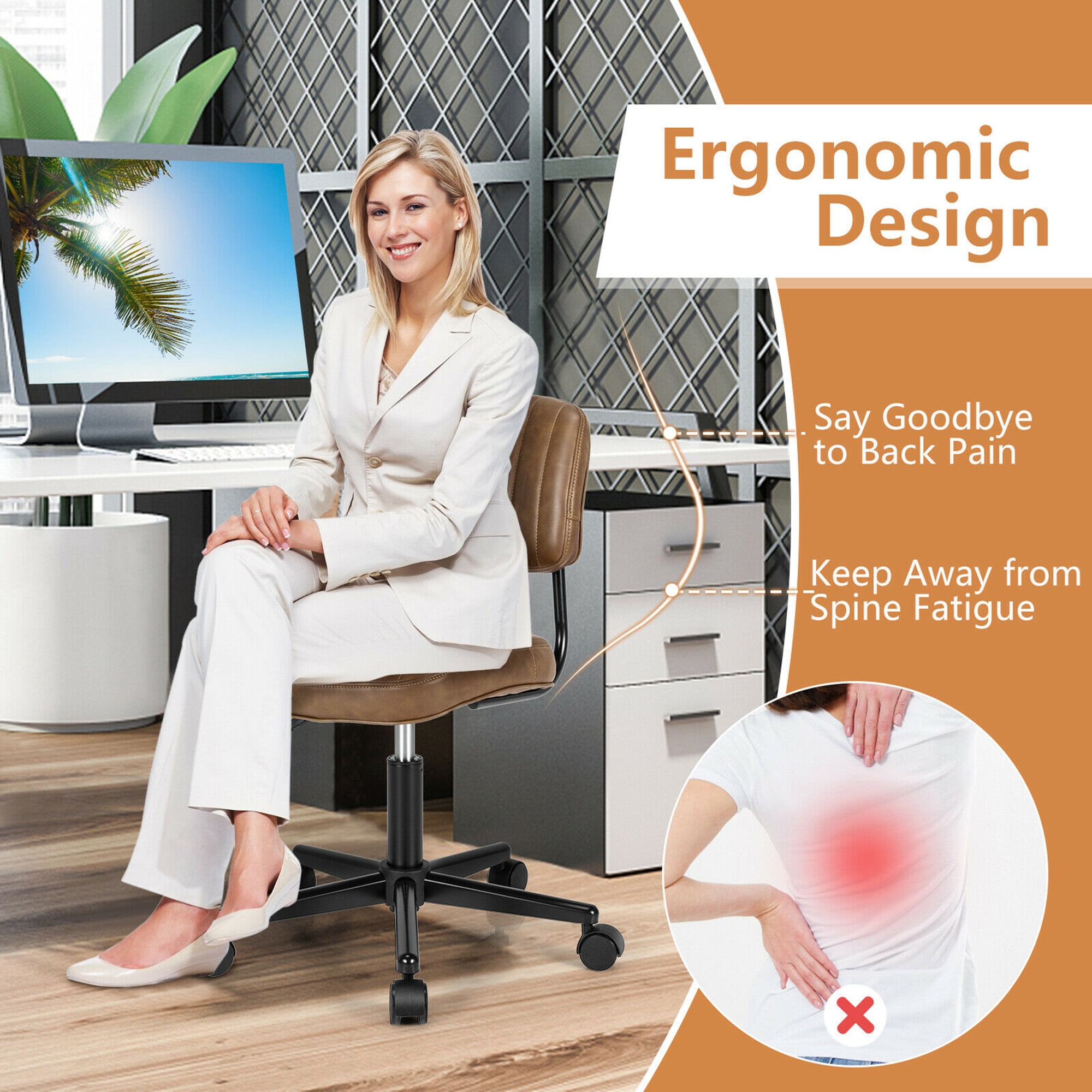 Gymax PU Leather Adjustable Swivel Office Chair w/ Backrest Brown - Image 8