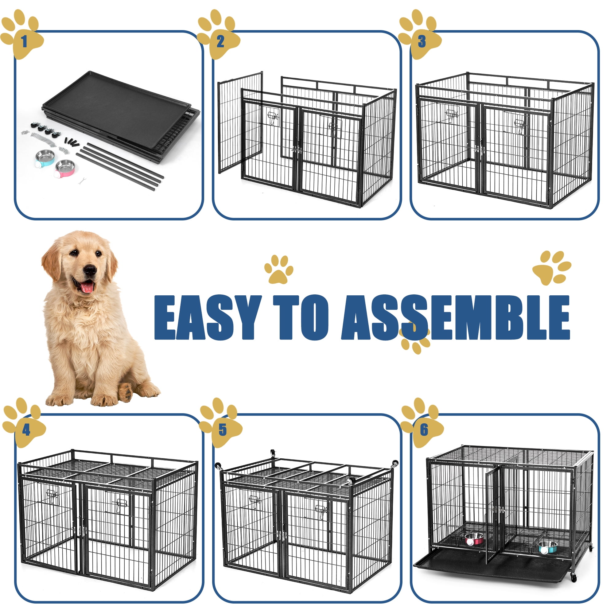Suchown Heavy Duty Dog Crate – 44 Inch Escape-Proof Steel Cage for Small to Large Dogs, Stackable Metal Kennel with Double Door, Lockable Wheels, Removable Tray & Feeding Bowls, Indoor/Outdoor Use - Image 3