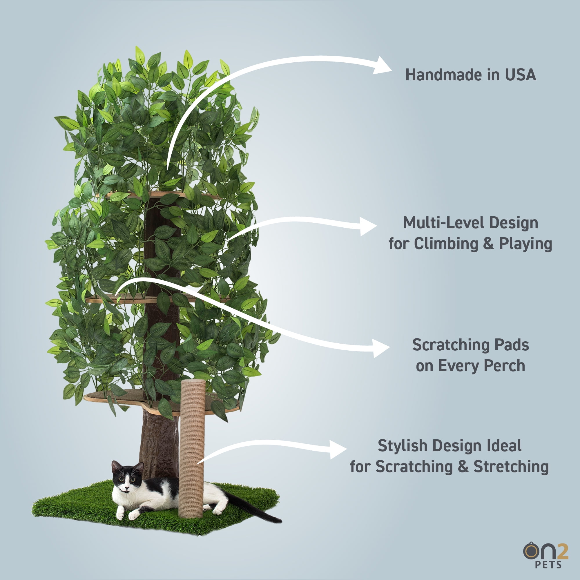 On2Pets Cat Tree with Leaves, Cat House & Cat Activity Tree, Multi-Level Cat Condo for Indoor Cats, Square Base with Scratching Post - Image 6