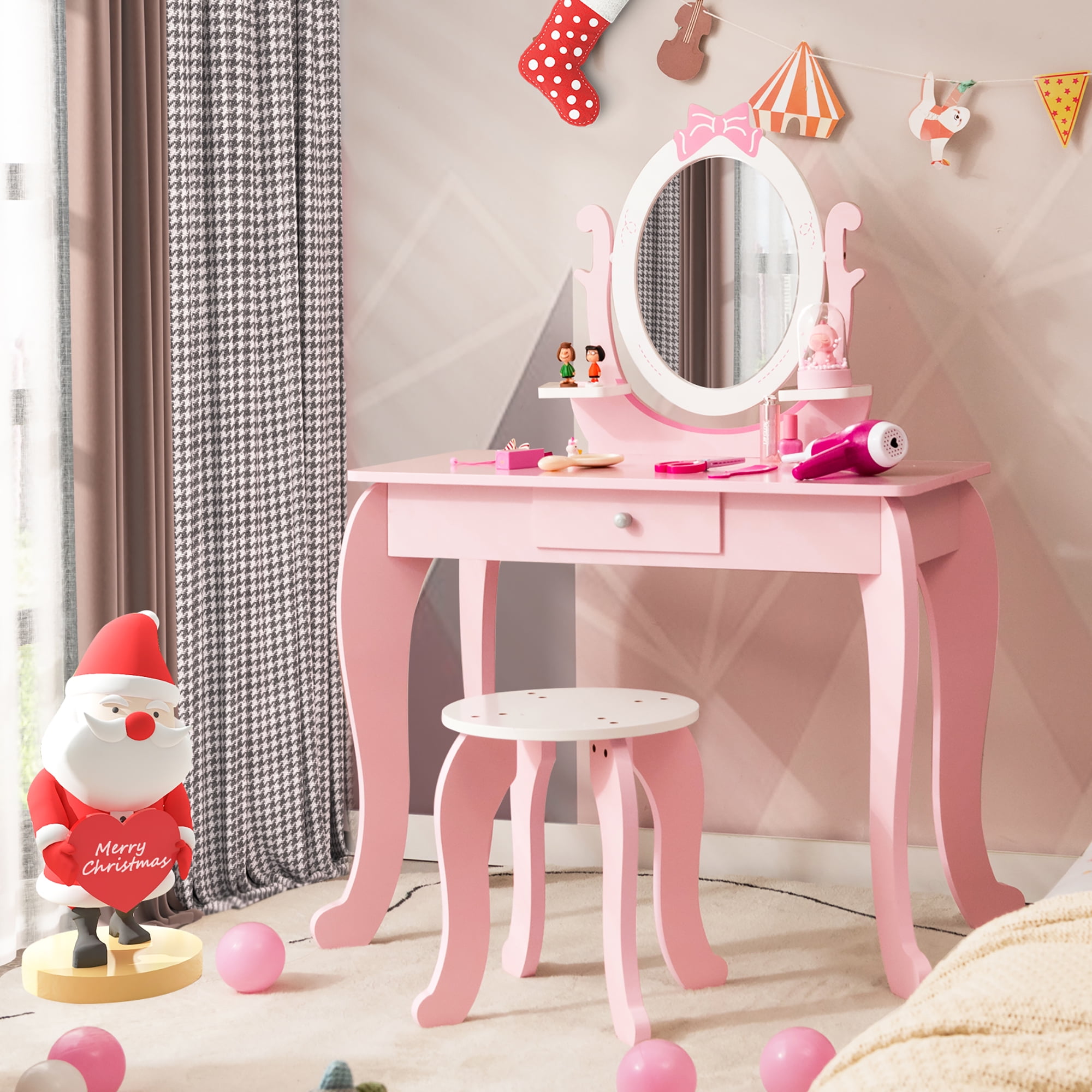 Costway Kid Vanity Table Stool Set with Adjustable Mirror Storage Drawer Makeup Pink - Image 5
