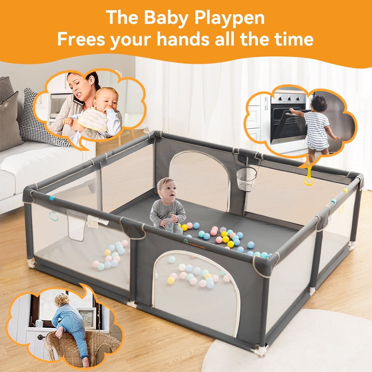 Large Baby Playpen, 79x63x27inch Activity Center Playard for Babies and Toddlers, Gray - Image 7