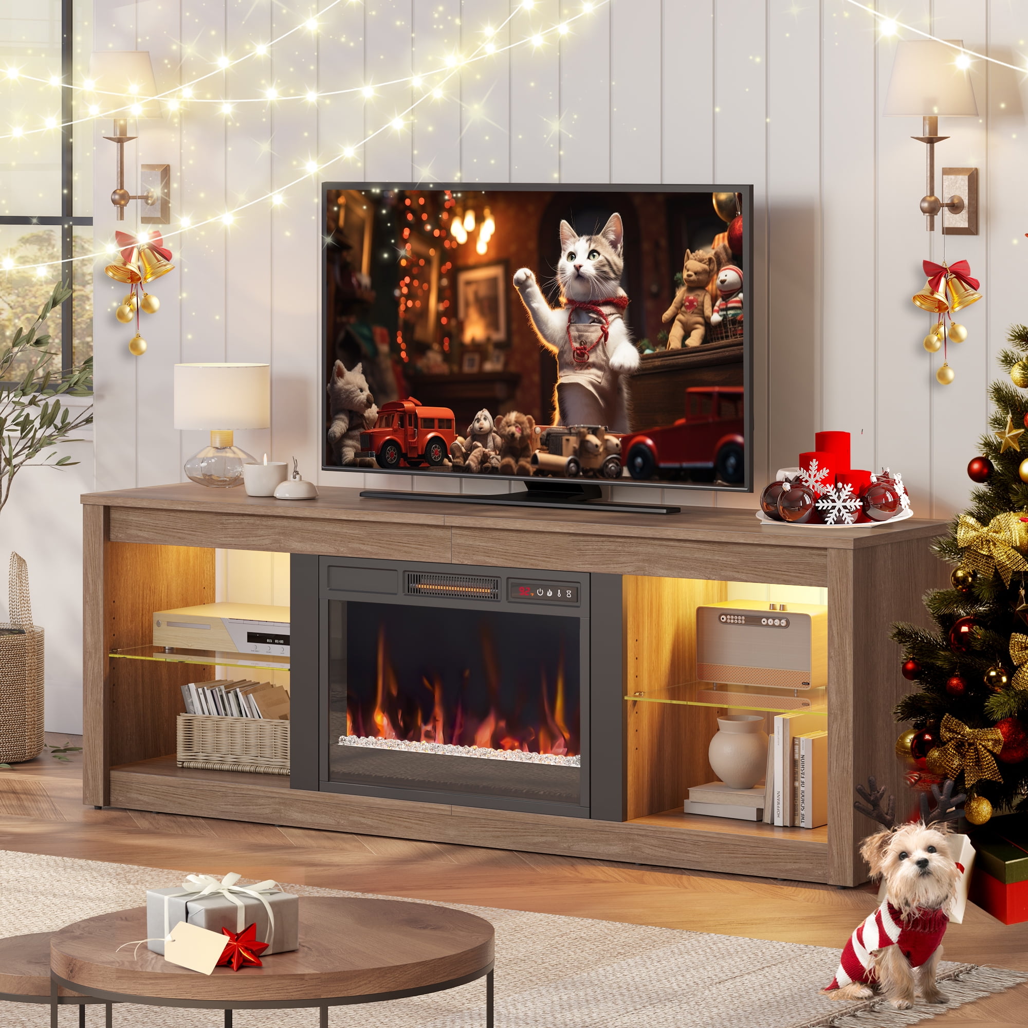Bestier Modern Electric 7 Color LED Fireplace TV Stand for TVs up to 70", Pine - Image 4