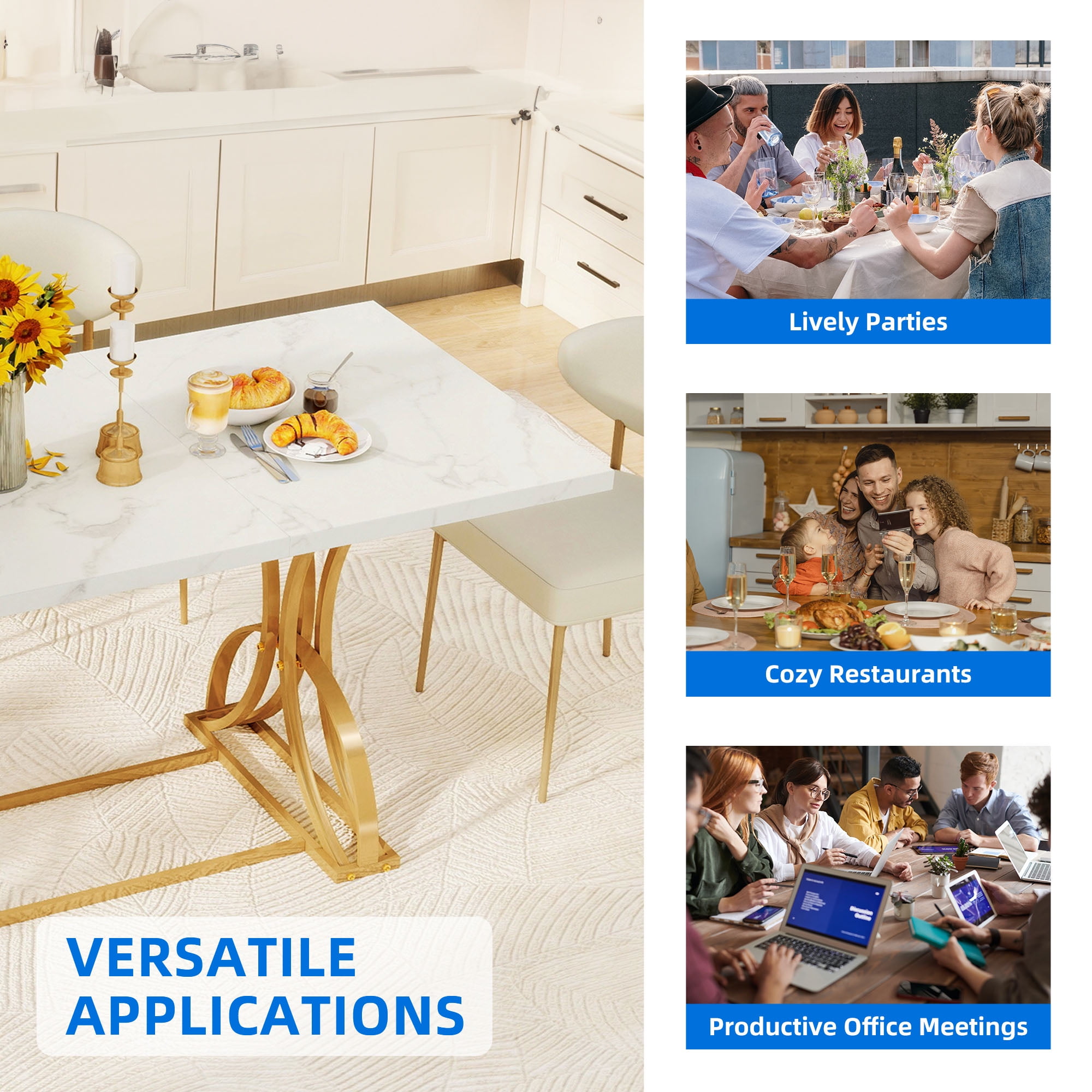 Dextrus 70.3" Solid Wood Dinner Table for 6-8 Person, Rectangular Modern Kitchen Table with Faux Marble Tabletop and Gold Geometric Metal Legs - White & Gold - Image 3