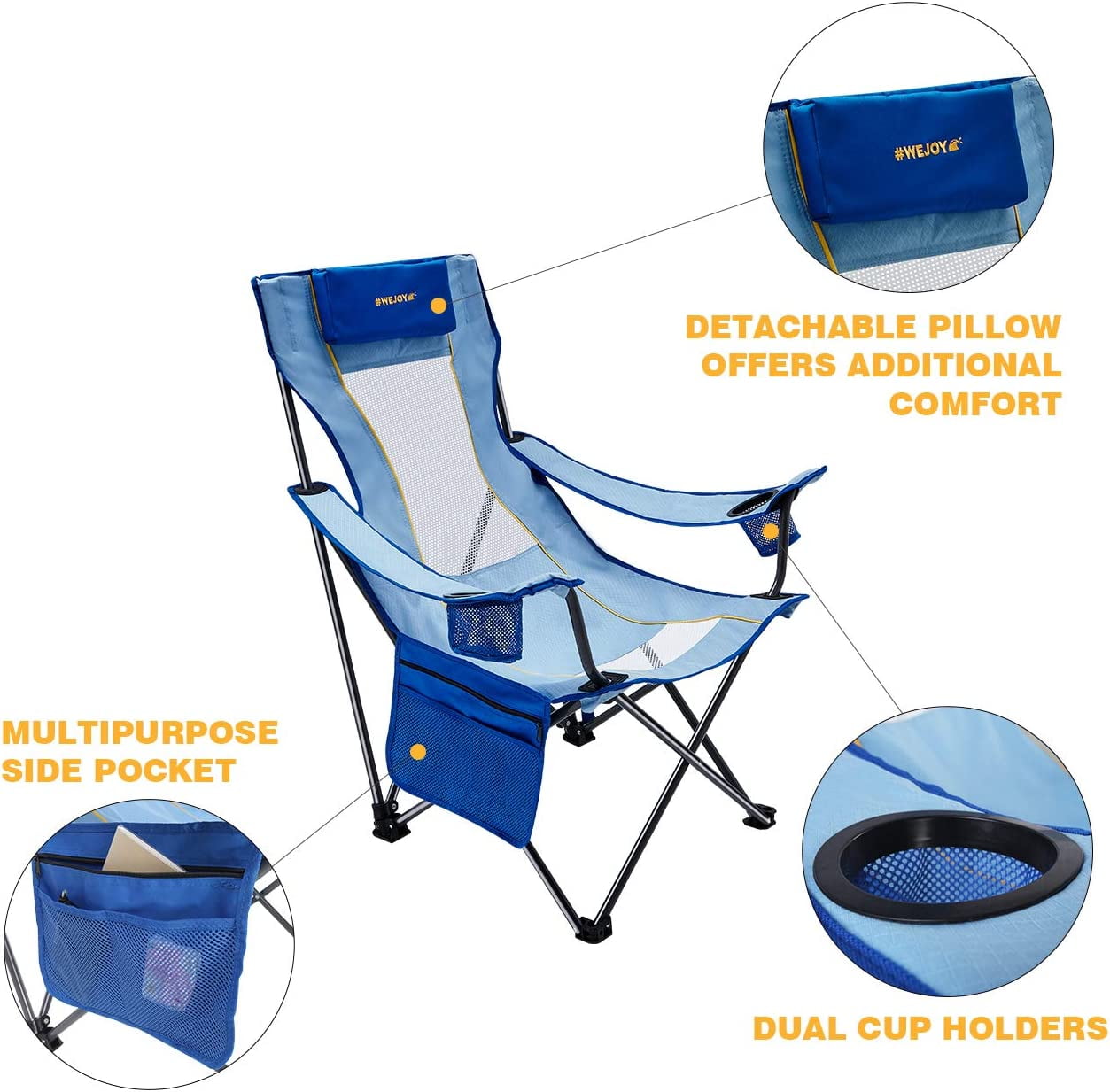 #WEJOY Folding Beach Chair High Back Camping Chairs Portable Outdoor Lawn Chairs Support up to 265lbs Blue - Image 3