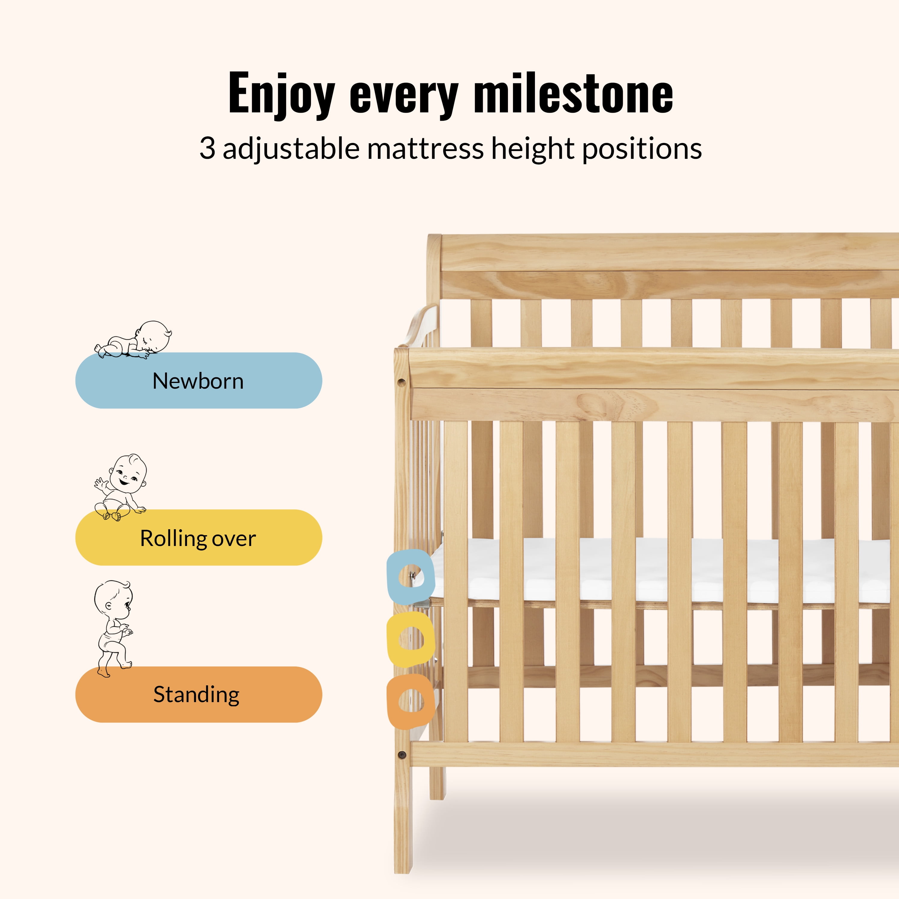 Dream On Me Jayden 4-in-1 Convertible Mini Crib with Changer Natural - Image 5