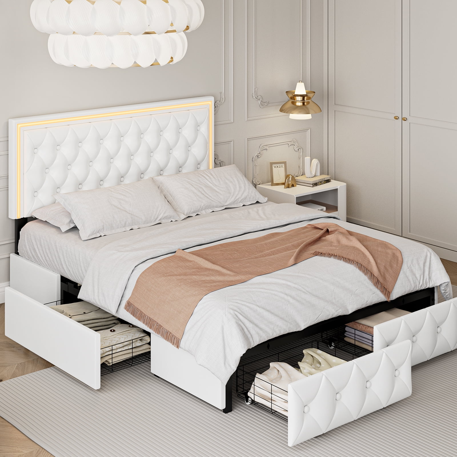 Homfa Queen LED Bed with 4 Drawers, LED Lights Platform Storage Bed Frame with Upholstered Adjustable Button Tufted Headboard, PU White - Image 2