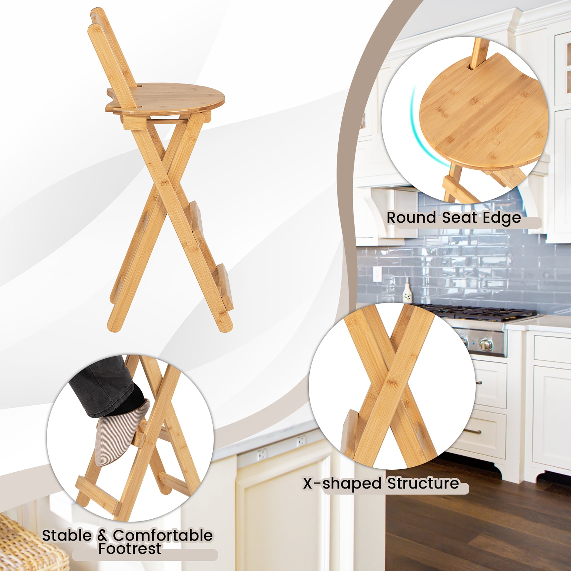 Costway Set of 2 Bamboo Folding Barstools Counter Height Dining Chairs Installation Free - Image 3